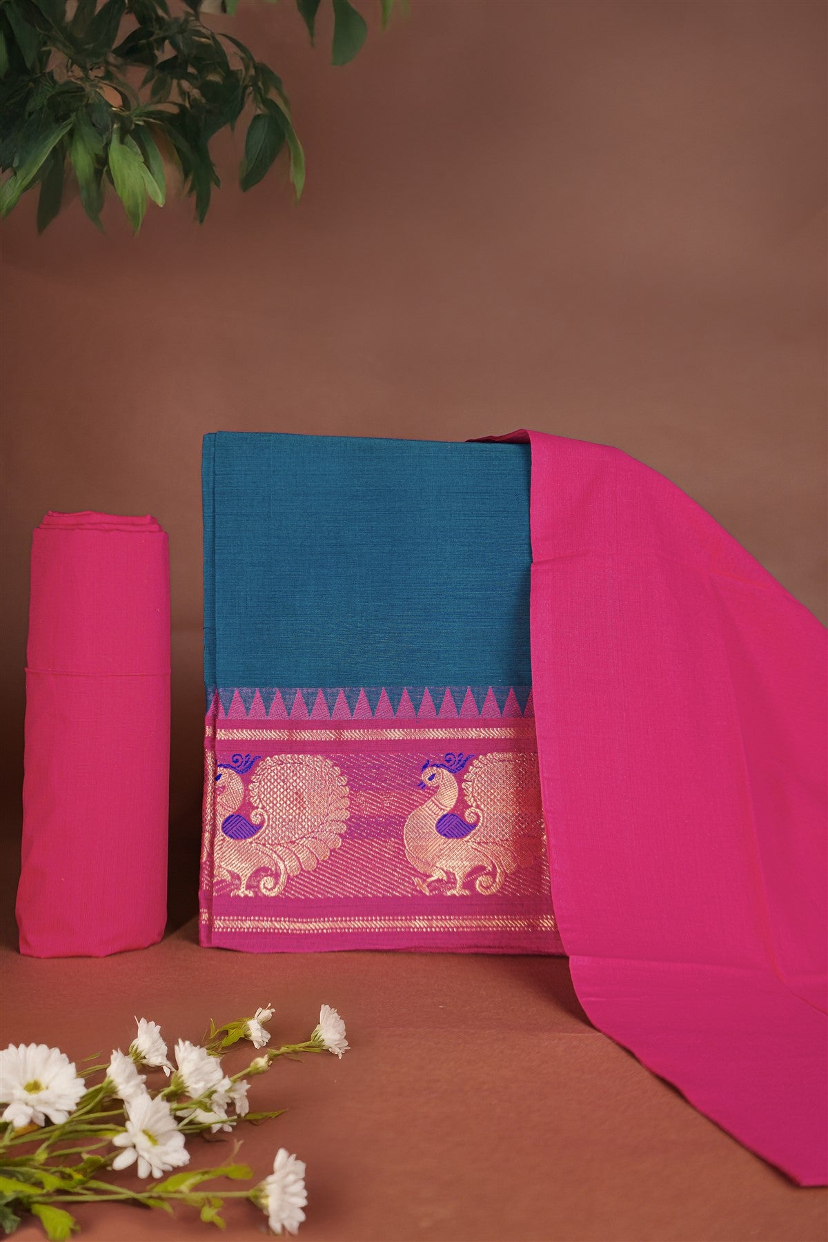 Cotton Teal And Pink Peacock Woven Border Dress Material