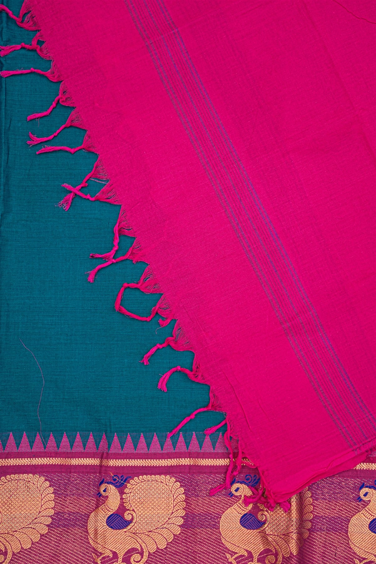 Cotton Teal And Pink Peacock Woven Border Dress Material