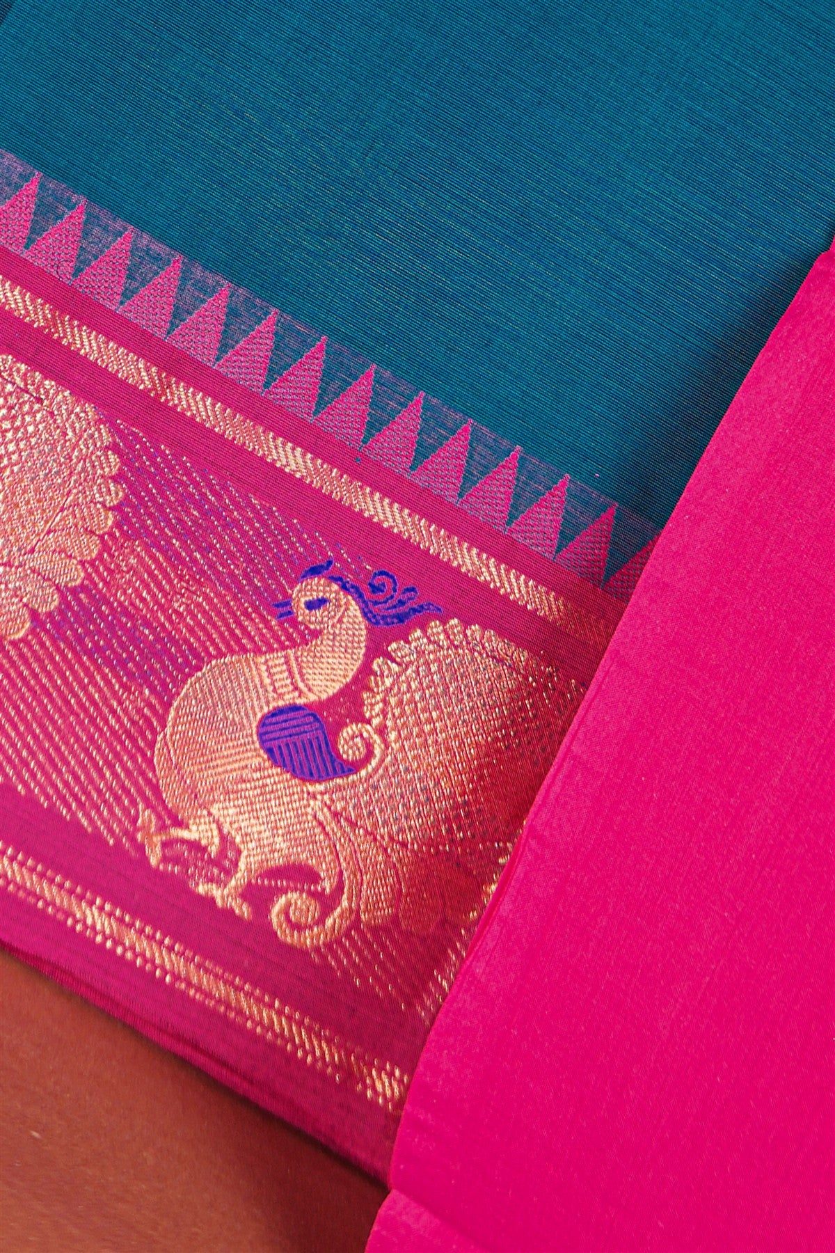 Cotton Teal And Pink Peacock Woven Border Dress Material