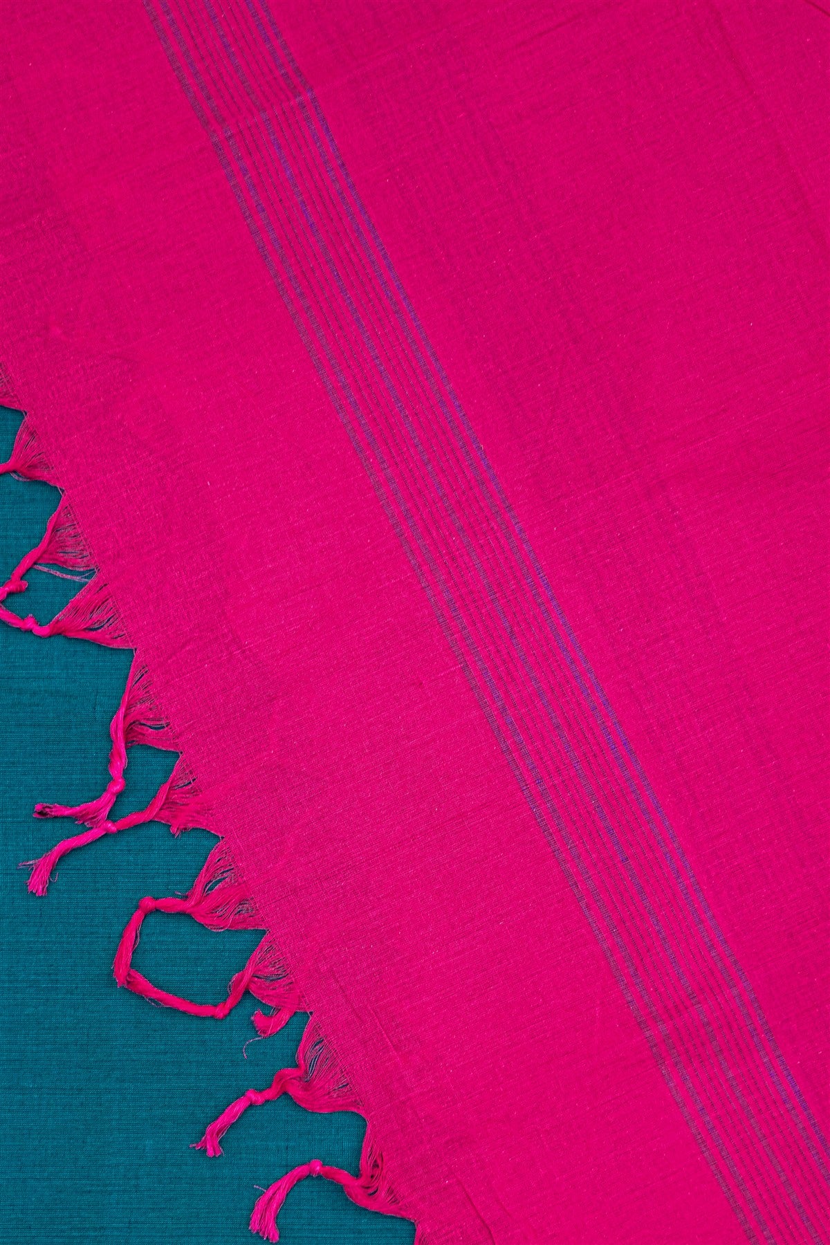 Cotton Teal And Pink Peacock Woven Border Dress Material