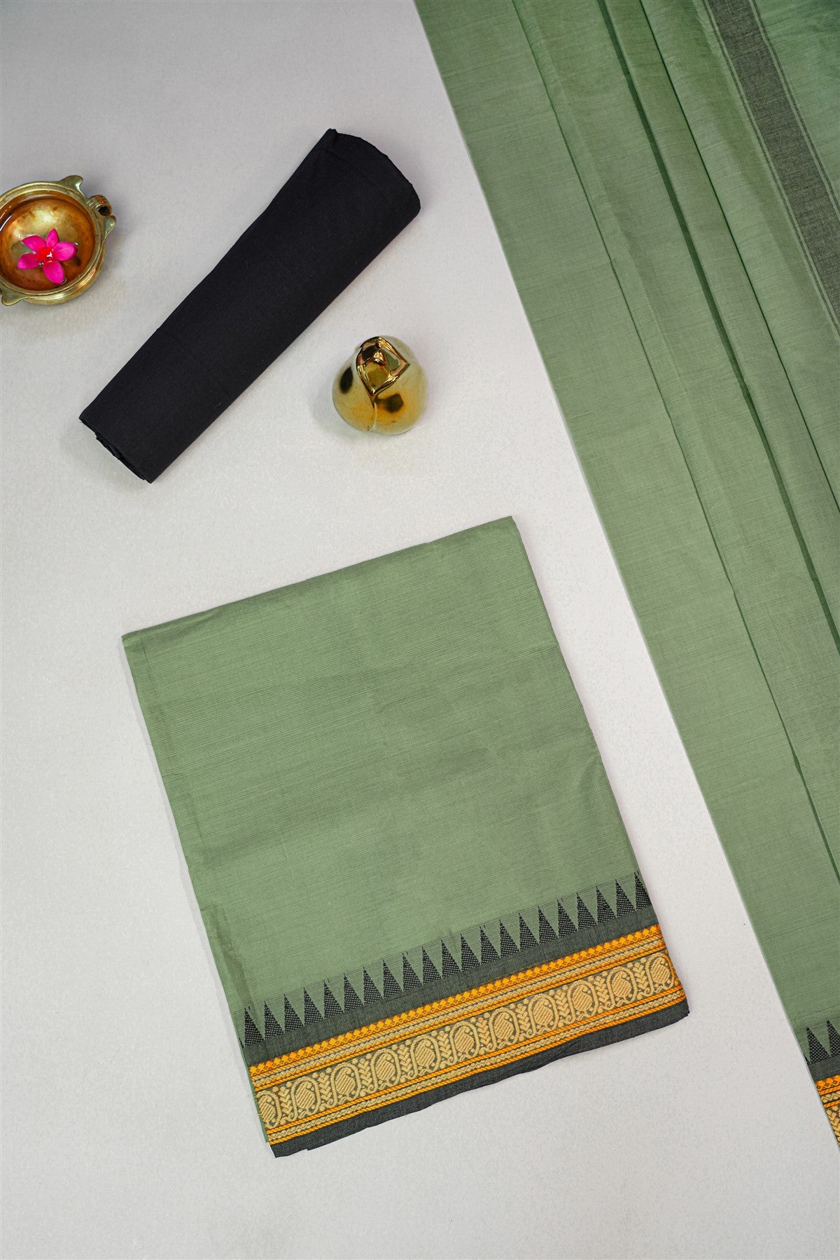 Cotton Sage Green Temple Border Dress Material