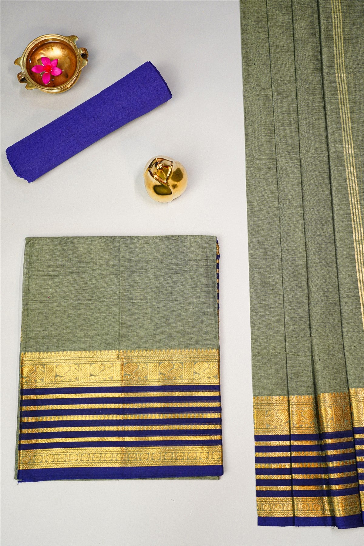 Cotton Moss Green Zari Bordered Dress Material