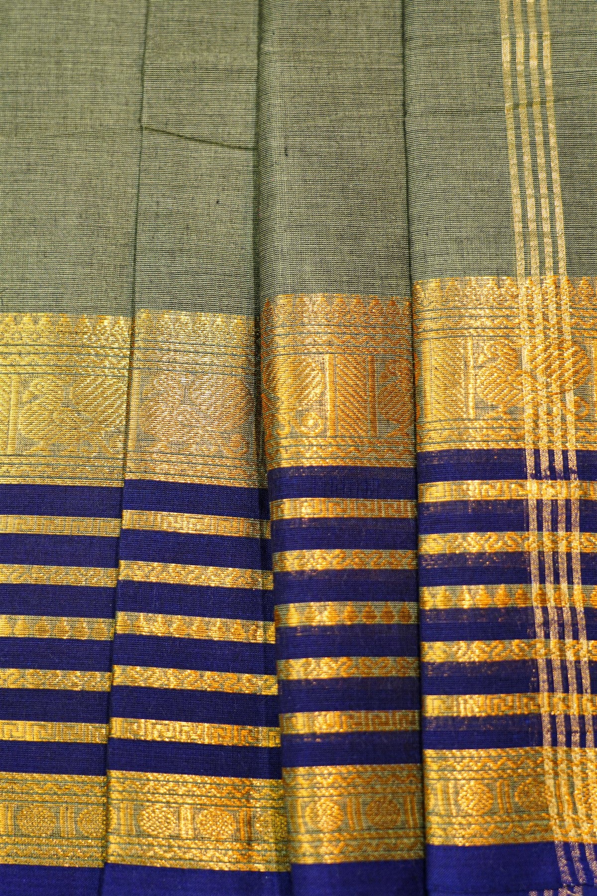 Cotton Moss Green Zari Bordered Dress Material