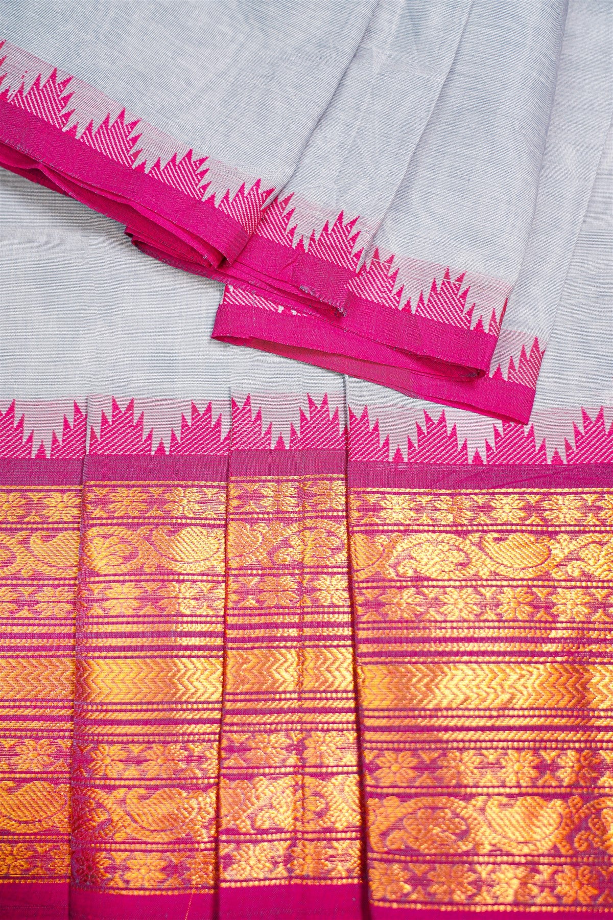 Cotton Light Grey And Magenta Zari Border Dress Material