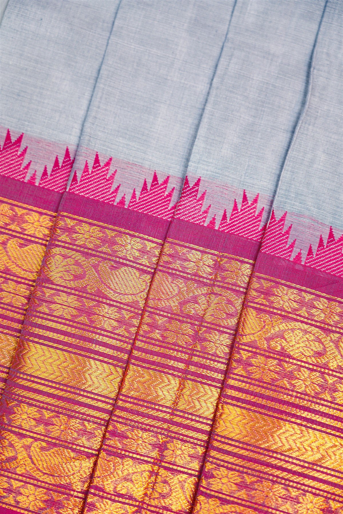 Cotton Light Grey And Magenta Zari Border Dress Material
