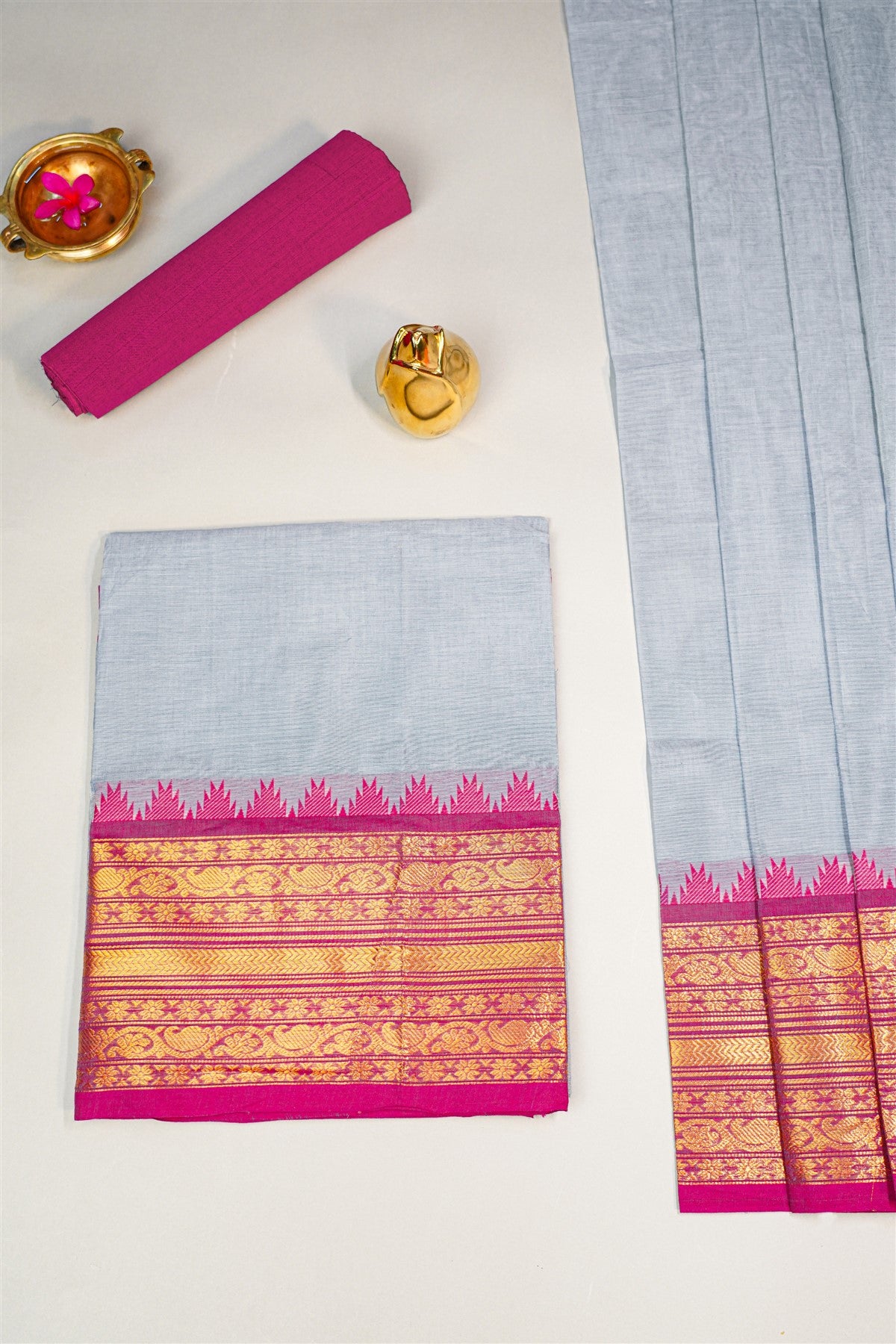 Cotton Light Grey And Magenta Zari Border Dress Material