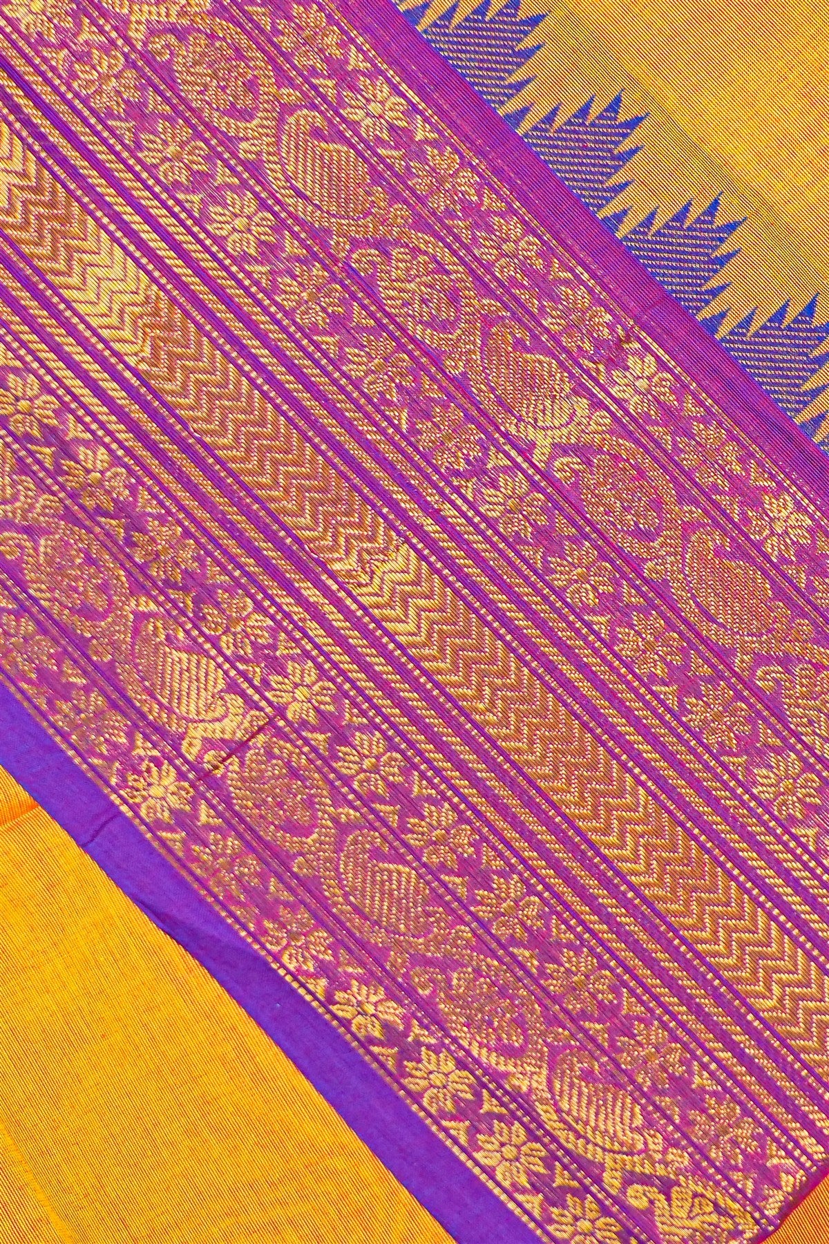 Cotton Yellow Temple Border Woven Dress Material