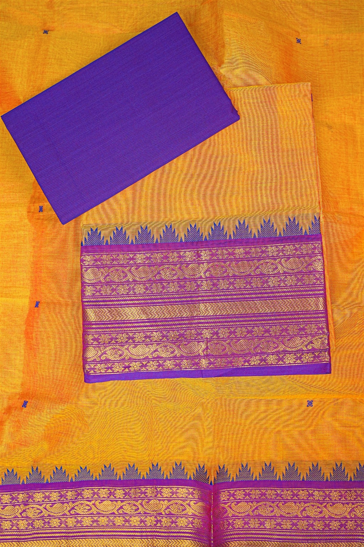 Cotton Yellow Temple Border Woven Dress Material
