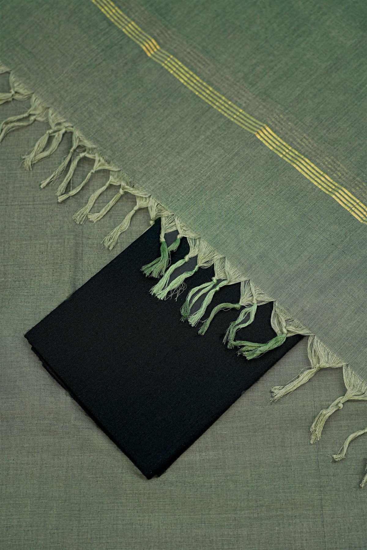 Cotton Moss Green Zari Border Dress Material