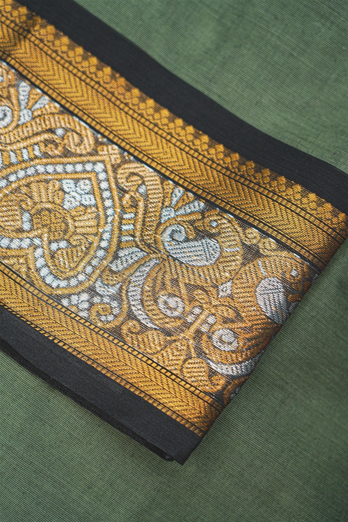 Cotton Moss Green Zari Border Dress Material