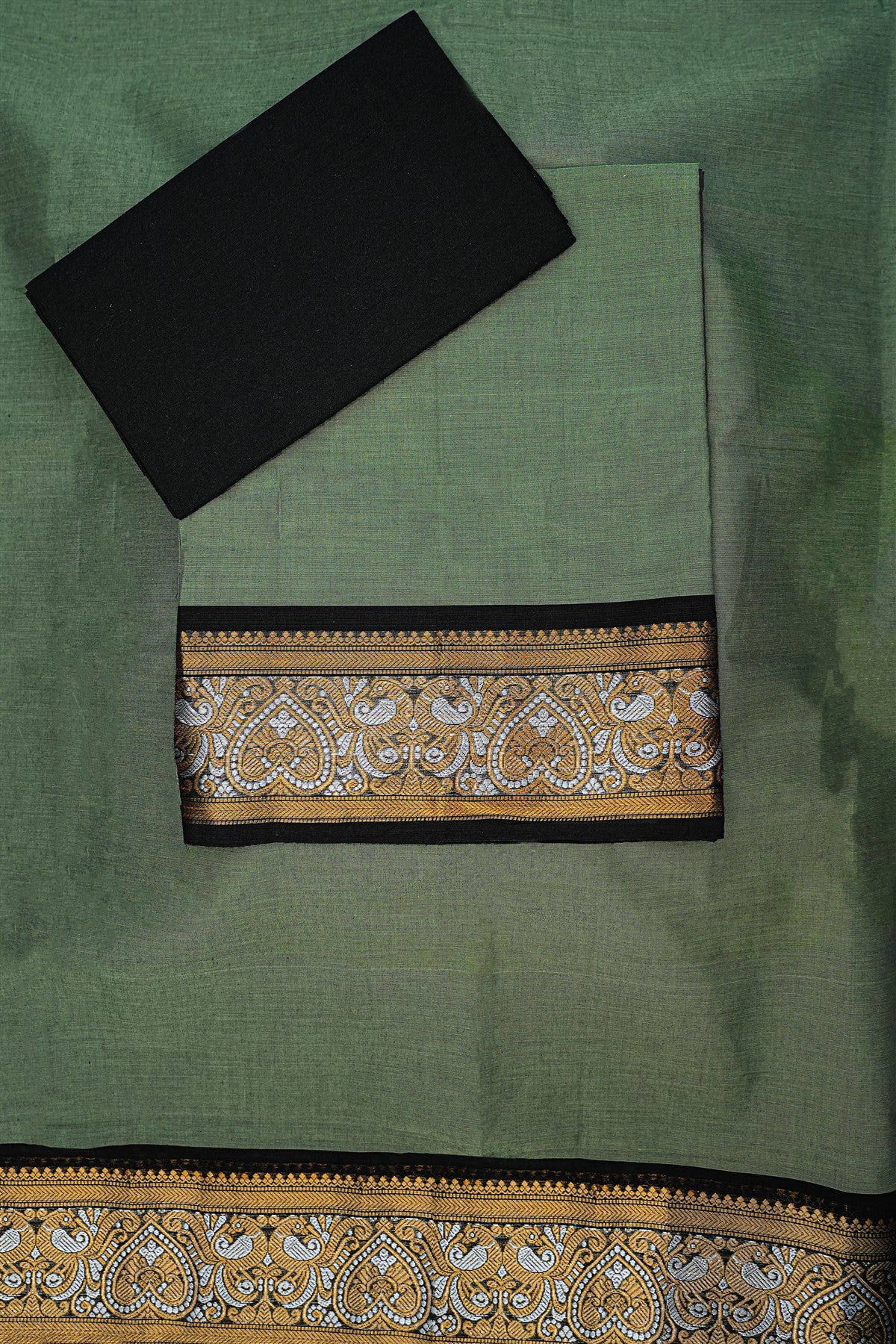 Cotton Moss Green Zari Border Dress Material