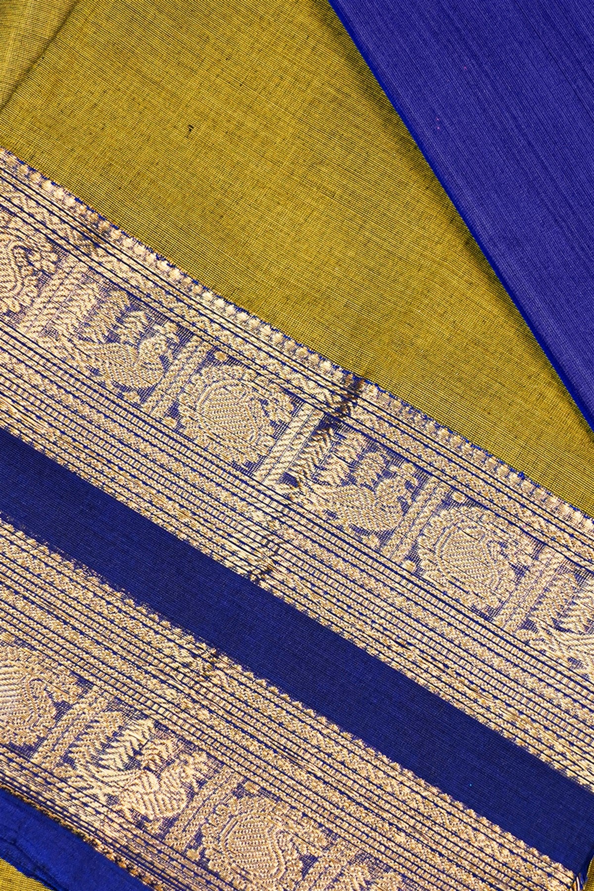 Cotton Mustard Yellow And Blue Zari Bordered Dress Material