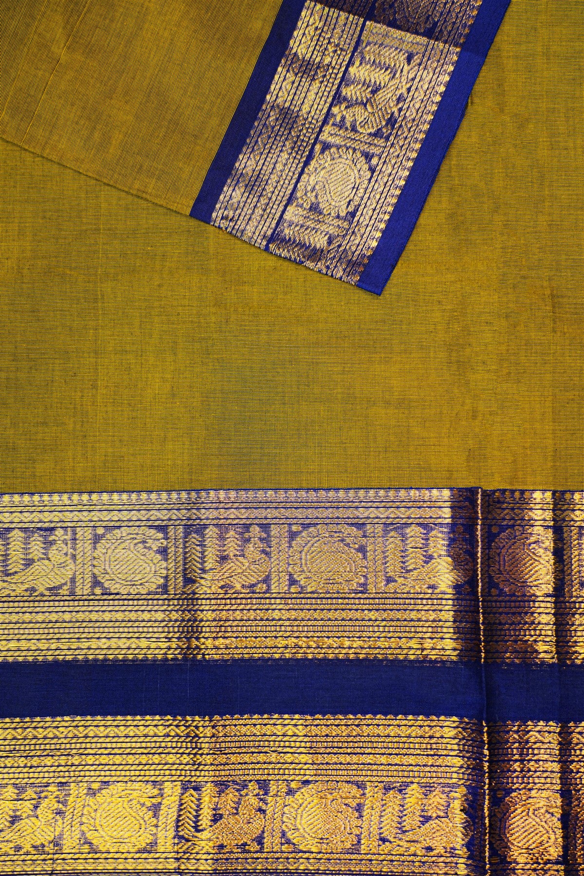 Cotton Mustard Yellow And Blue Zari Bordered Dress Material