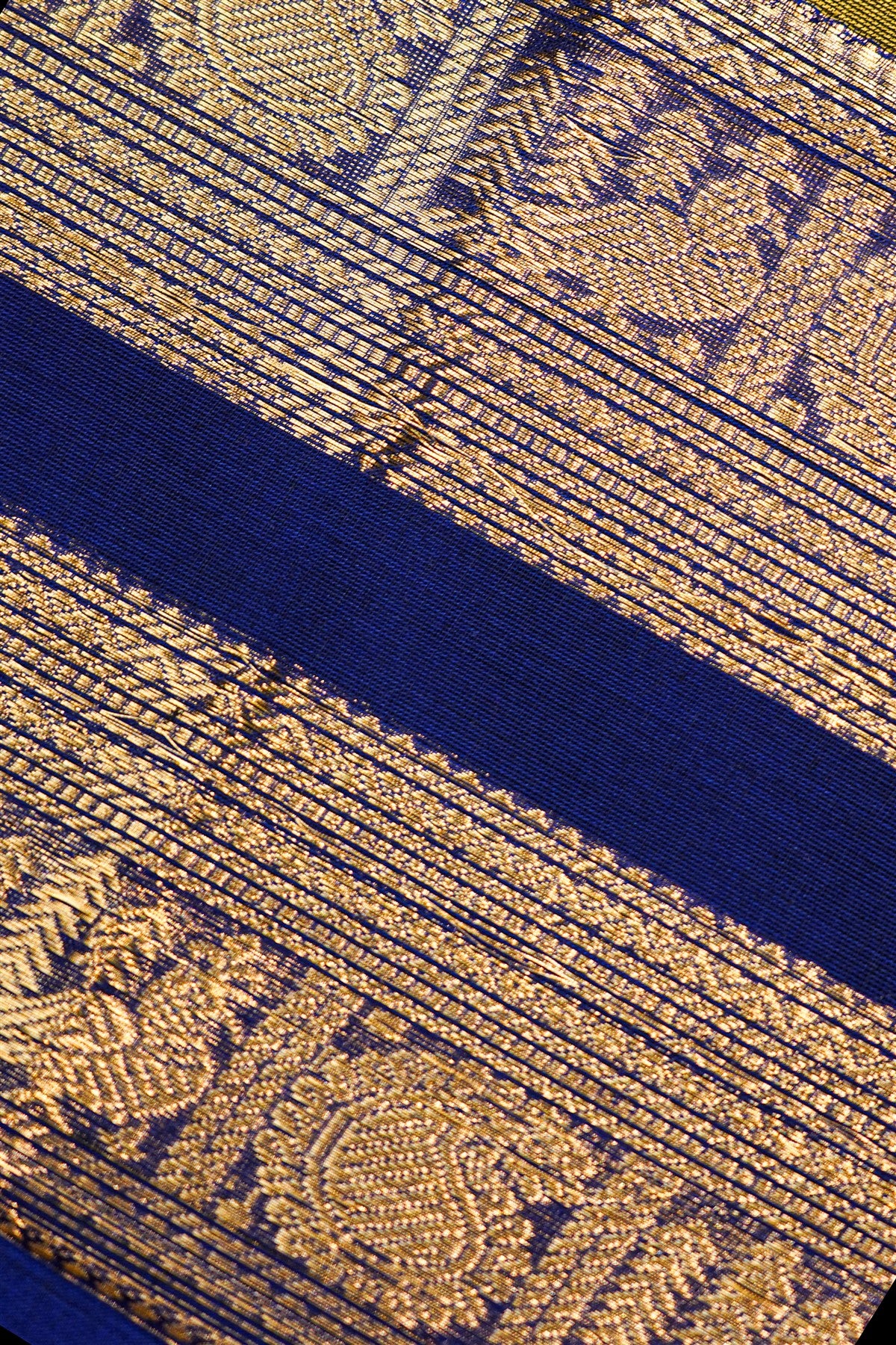 Cotton Mustard Yellow And Blue Zari Bordered Dress Material