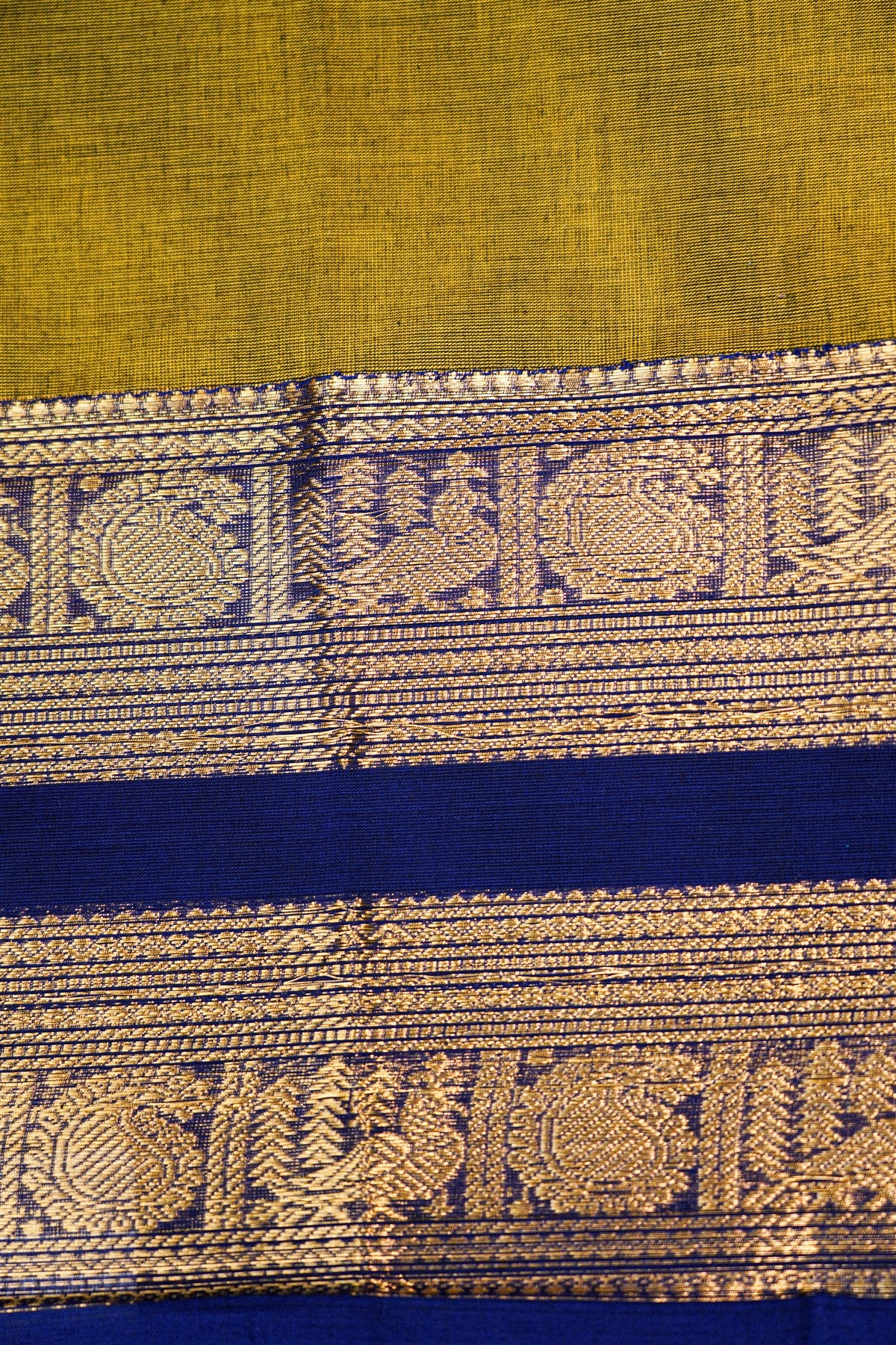 Cotton Mustard Yellow And Blue Zari Bordered Dress Material