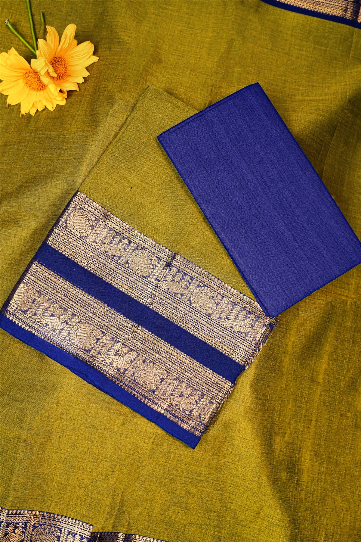 Cotton Mustard Yellow And Blue Zari Bordered Dress Material