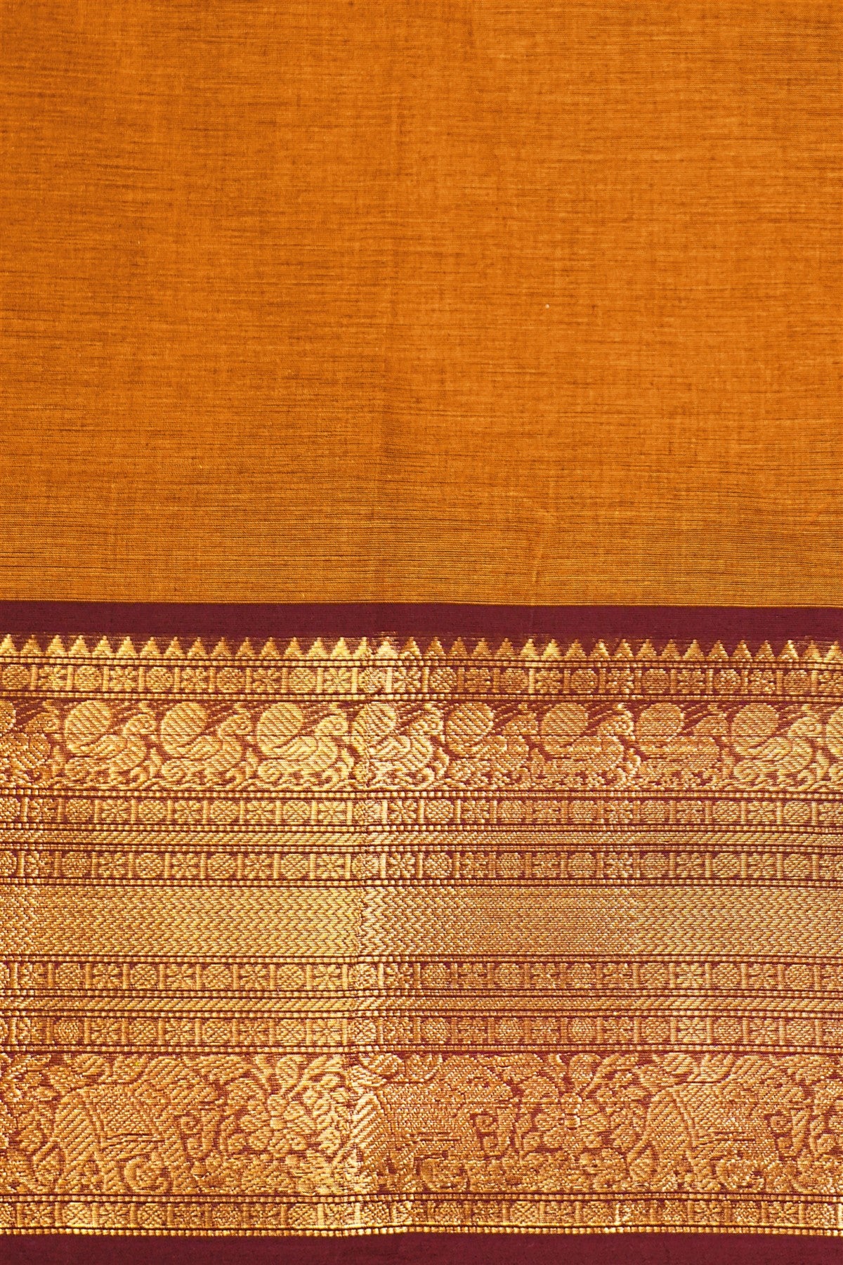 Cotton Mustard Yellow And Maroon Zari Border Dress Material
