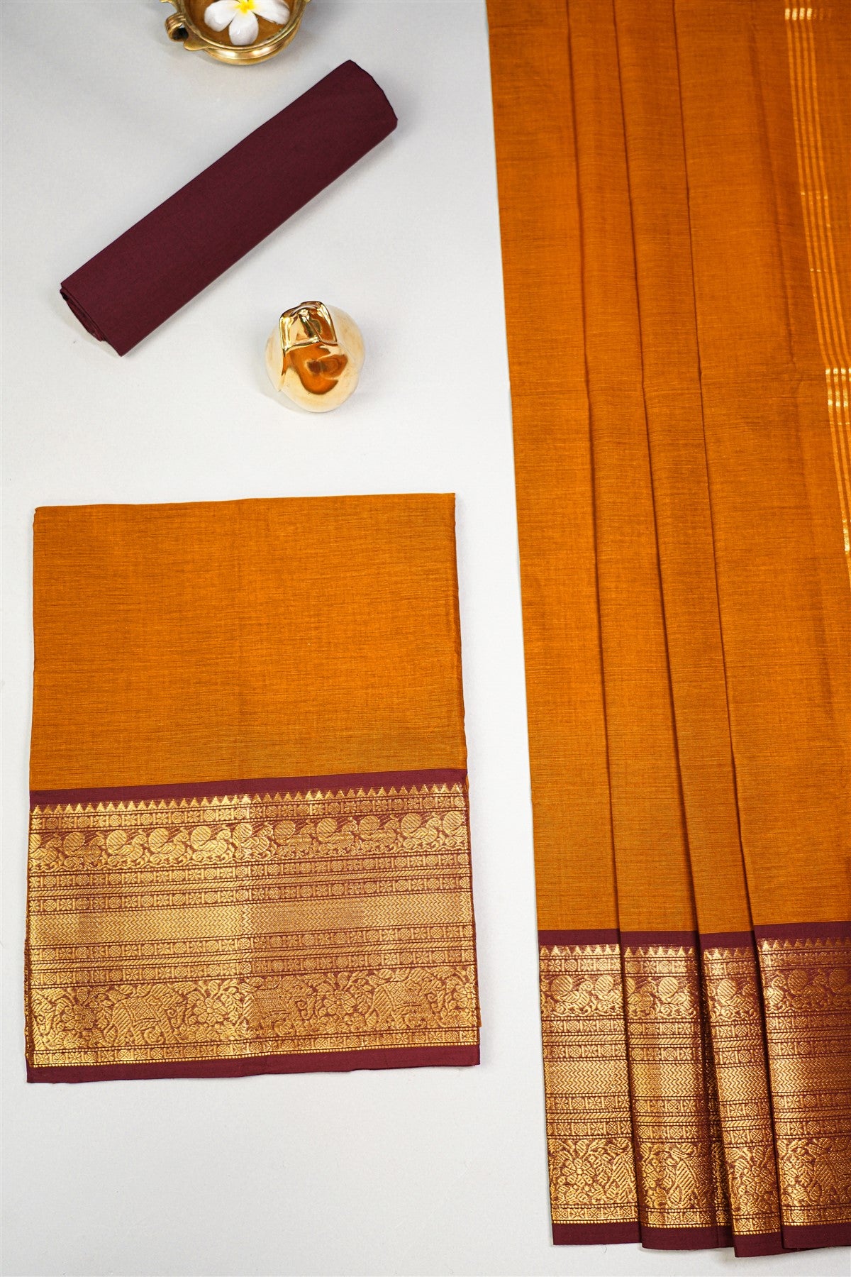 Cotton Mustard Yellow And Maroon Zari Border Dress Material