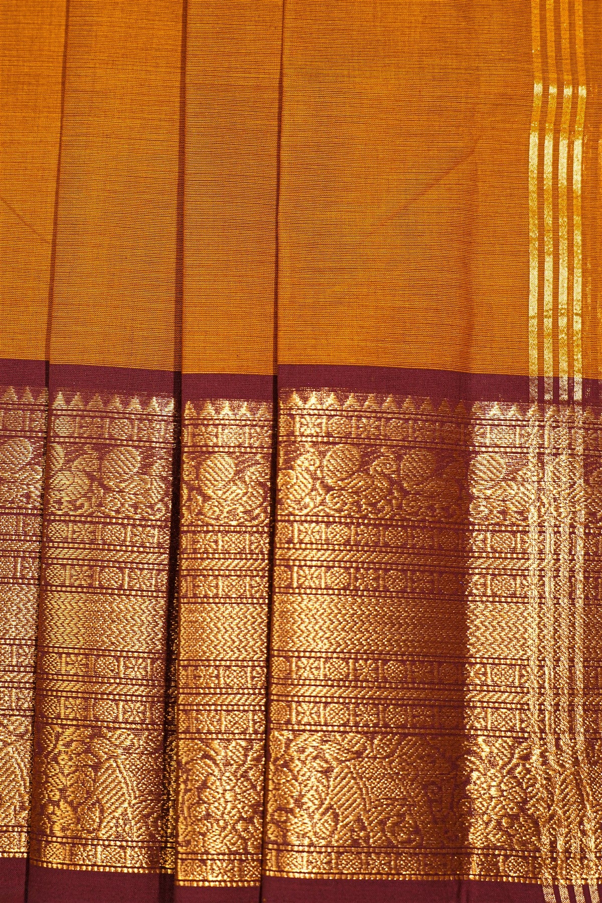 Cotton Mustard Yellow And Maroon Zari Border Dress Material