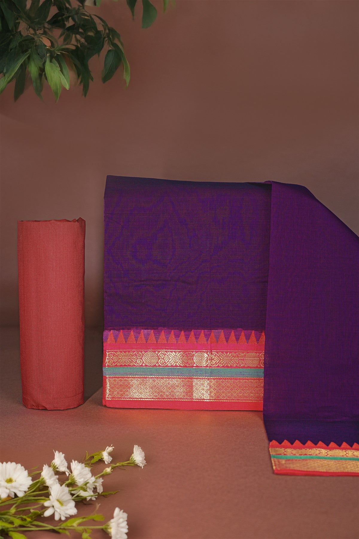 Cotton Purple Woven Zari Border Dress Material