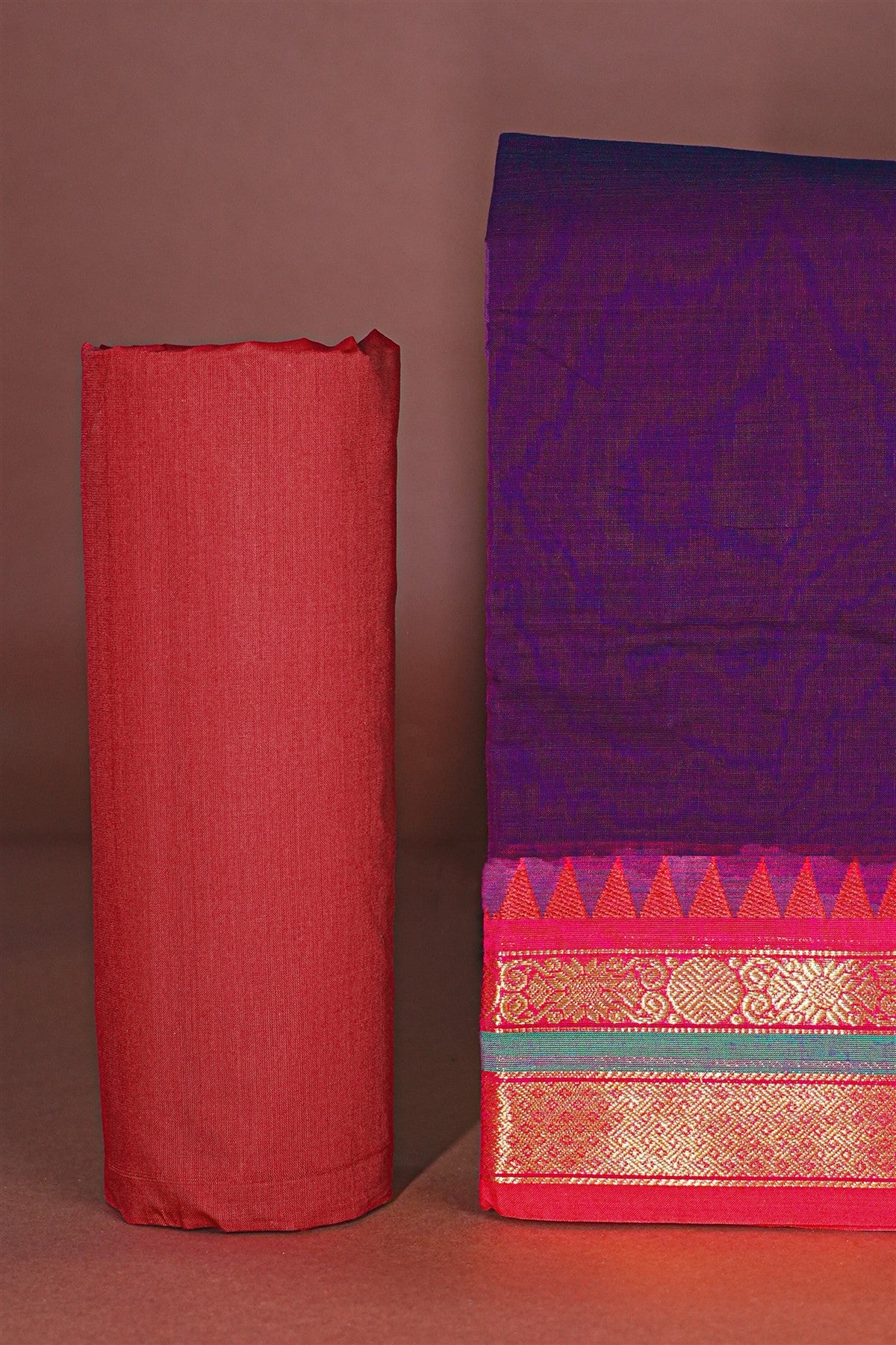 Cotton Purple Woven Zari Border Dress Material