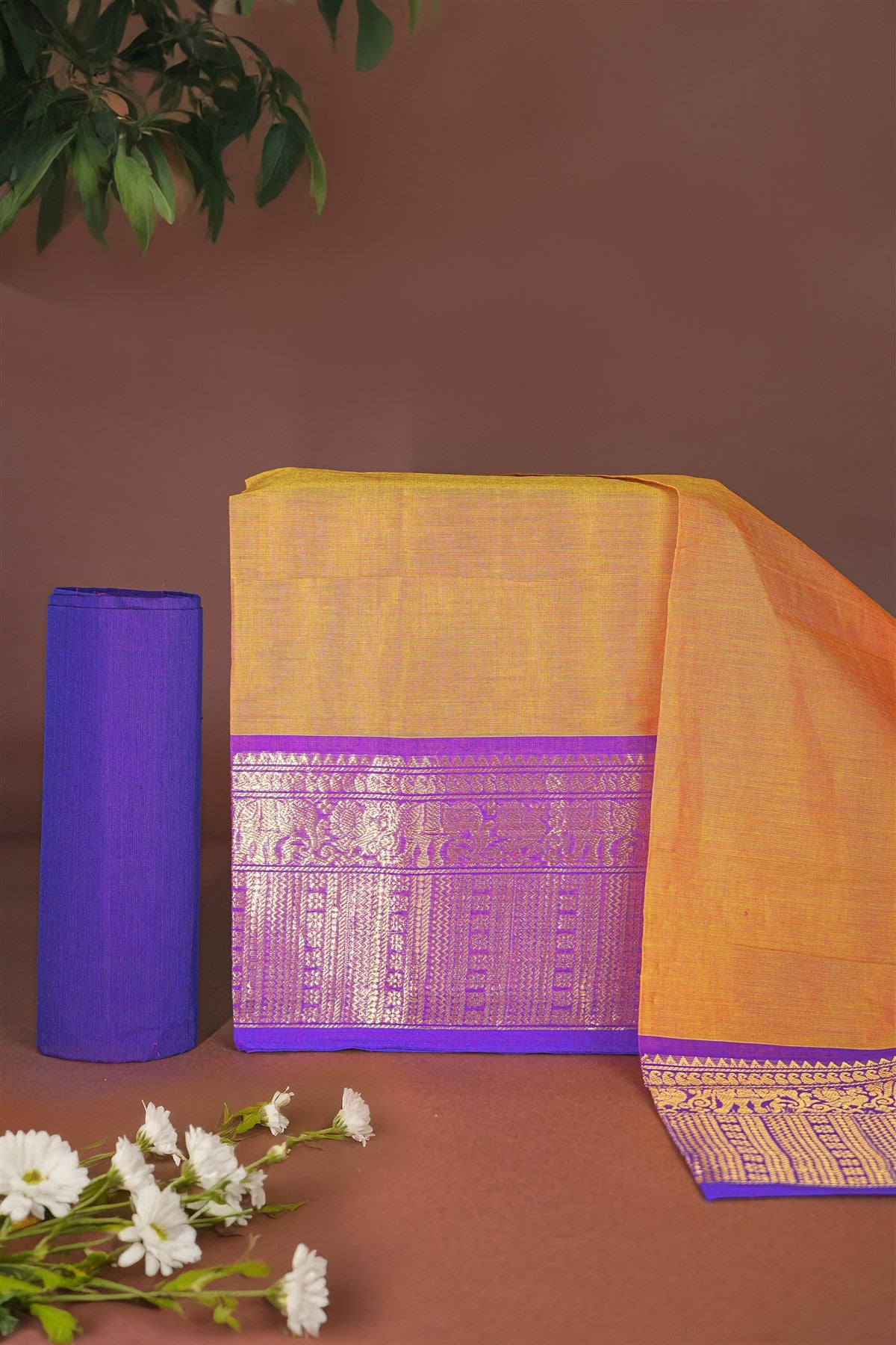 Cotton Mustard Yellow And Purple Zari Bordered Dress Material