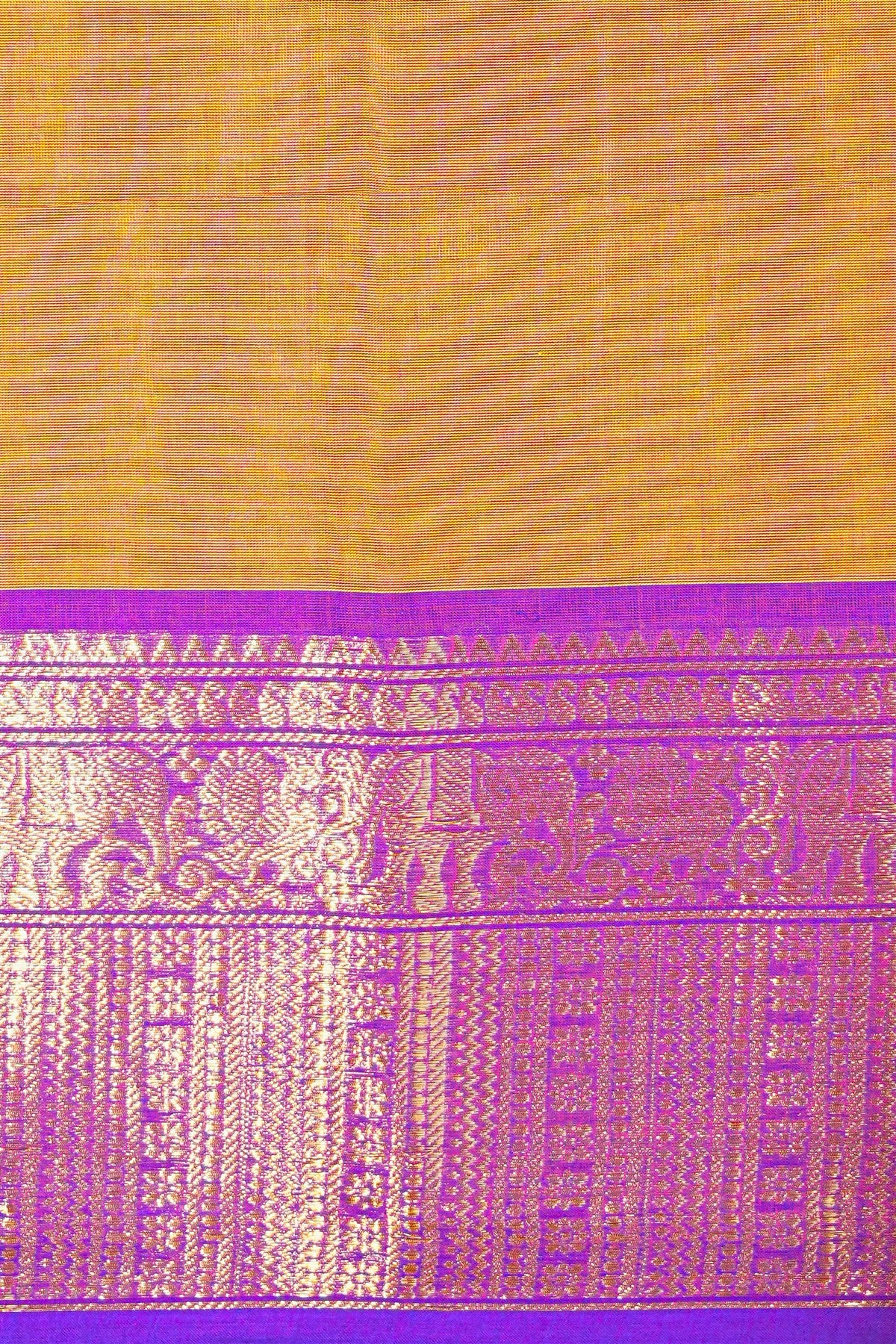 Cotton Mustard Yellow And Purple Zari Bordered Dress Material