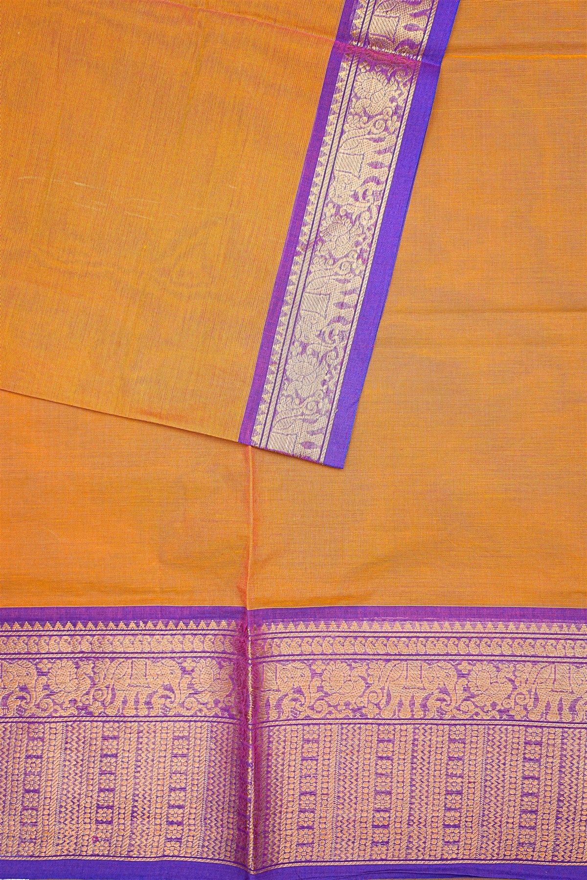 Cotton Mustard Yellow And Purple Zari Bordered Dress Material