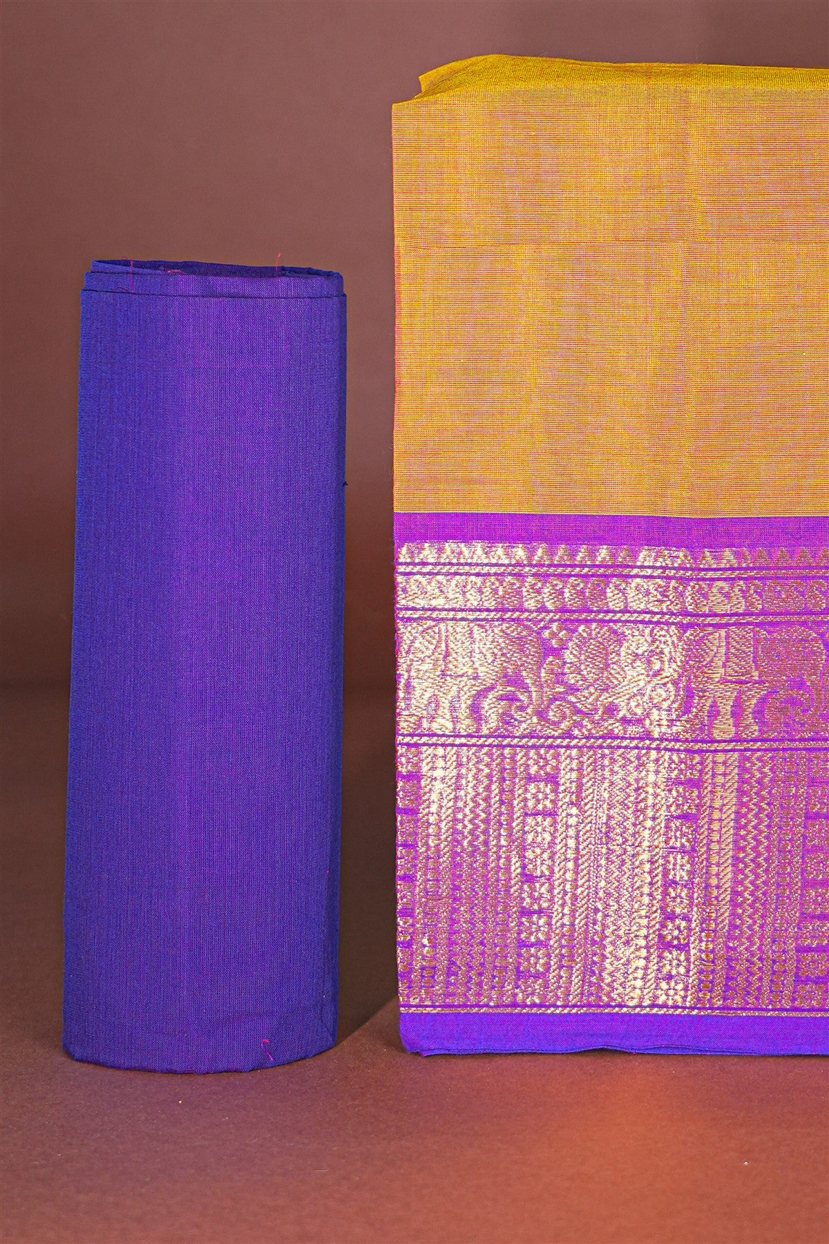 Cotton Mustard Yellow And Purple Zari Bordered Dress Material