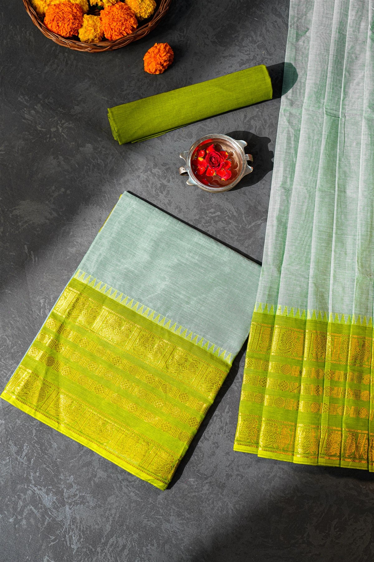 Cotton Pastel Green Zari Woven Dress Material