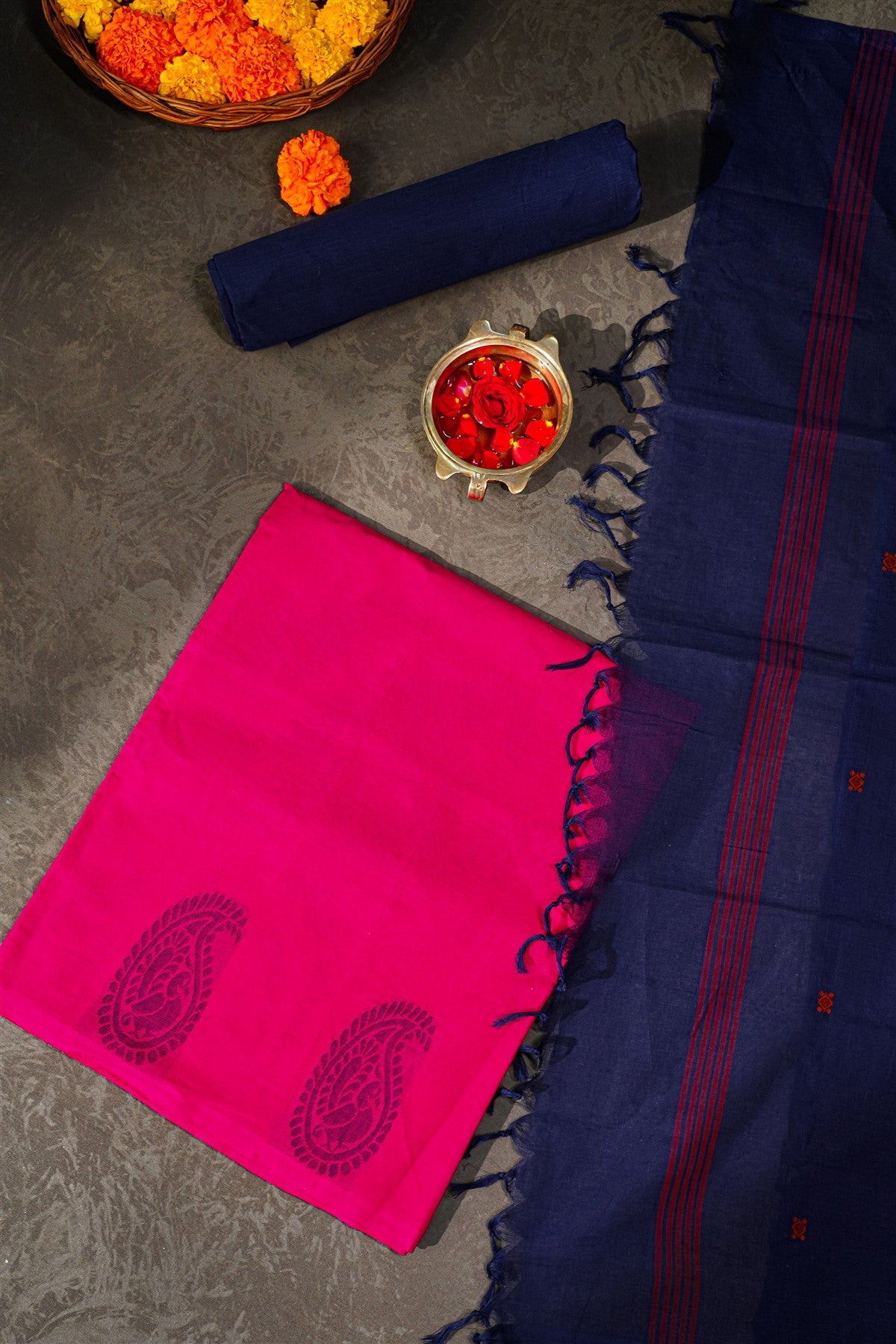 Cotton Pink And Navy Blue Paisley Block Printed Dress Material
