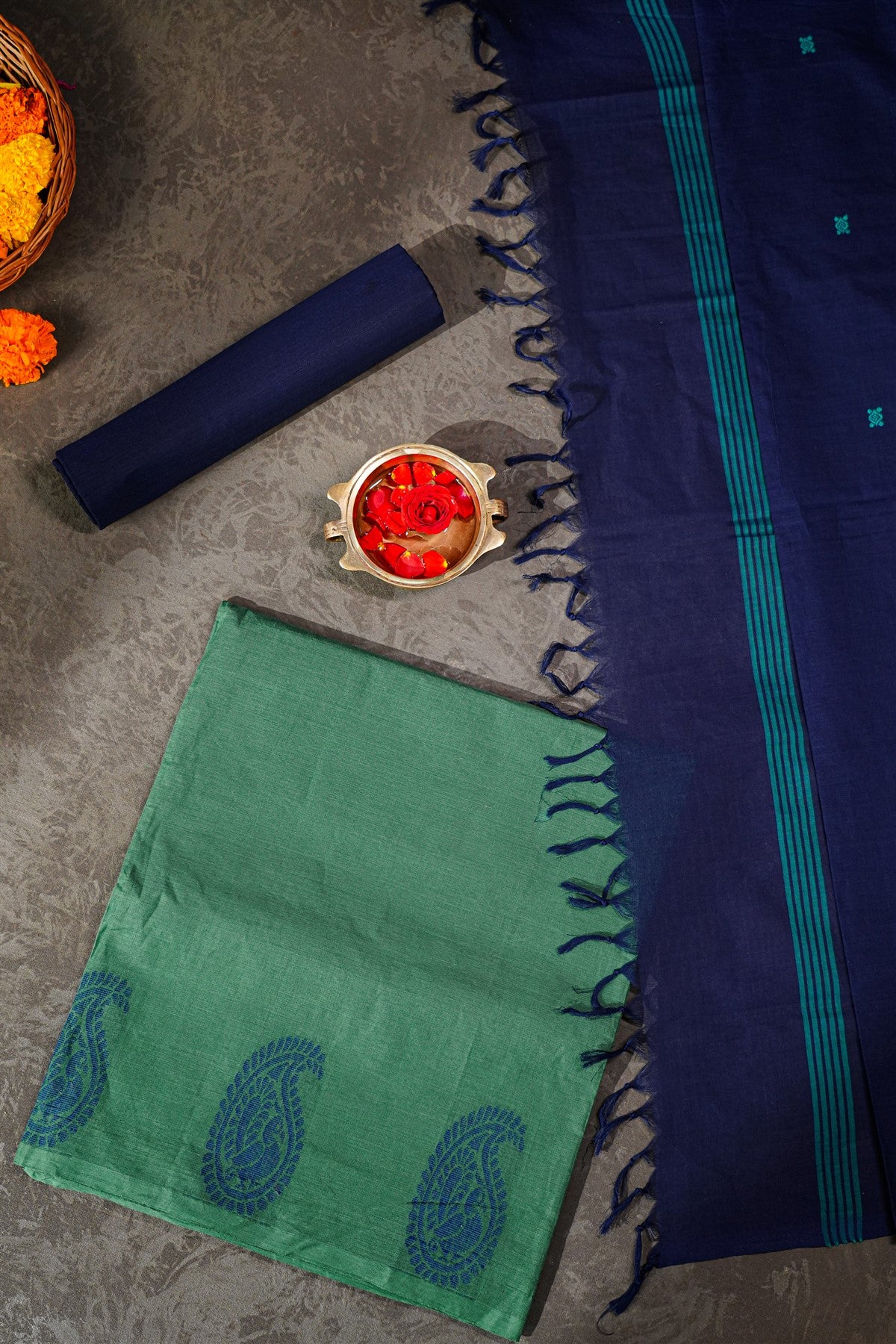 Cotton Green And Navy Blue Paisley Printed Dress Material