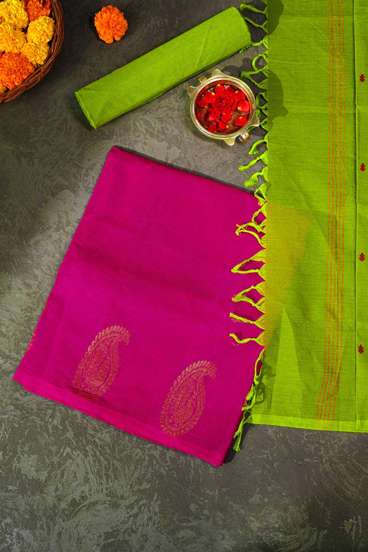 Cotton Pink And Green Butta  Dress Material