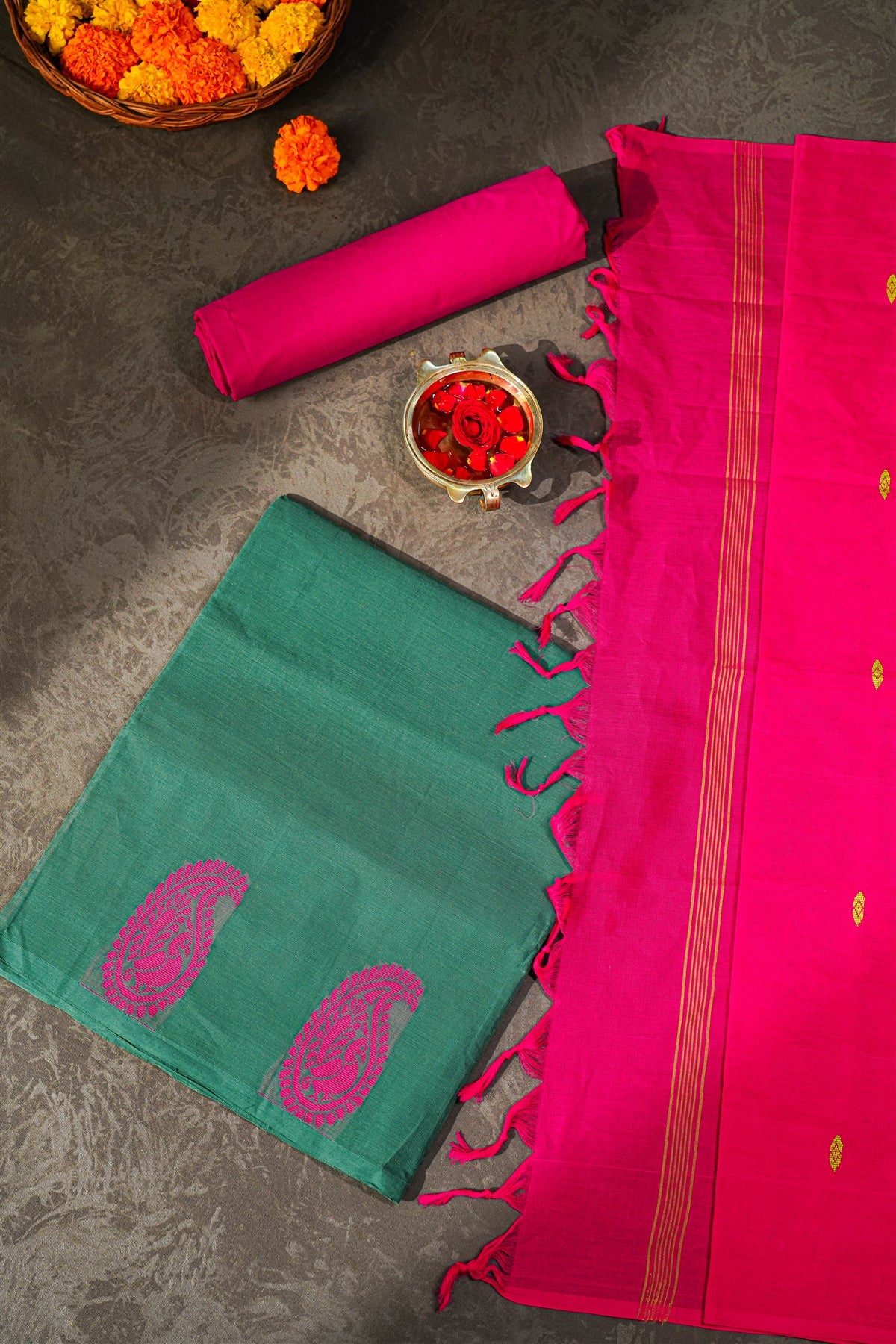 Cotton Green And Pink Paisley Motif Dress Material