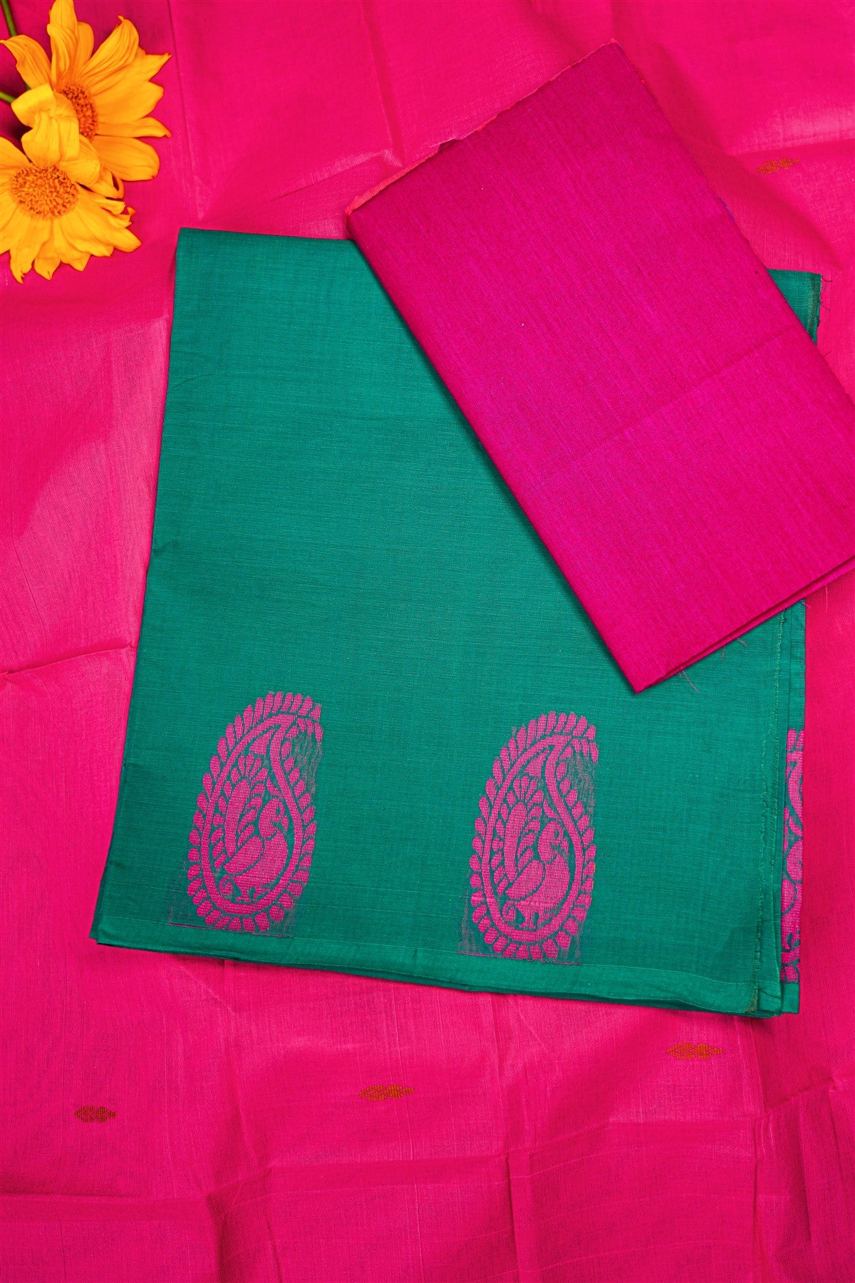 Cotton Teal And Pink Paisley Motif Dress Material
