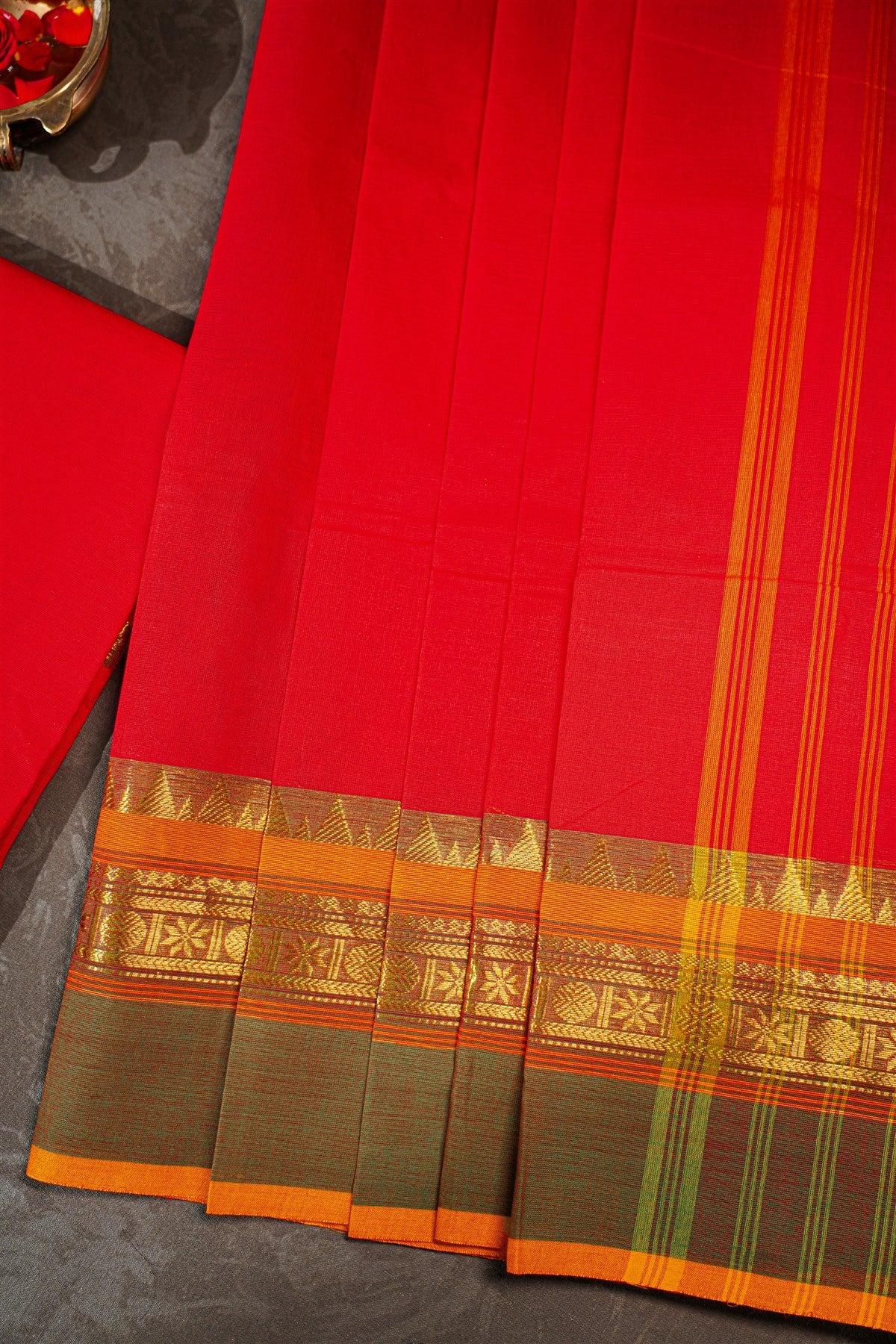 Cotton Red Zari Border Dress Material