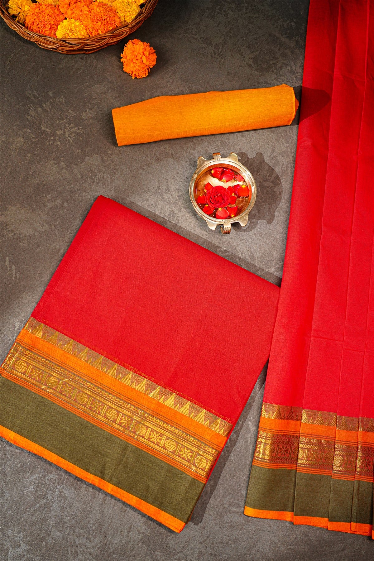 Cotton Red Zari Border Dress Material
