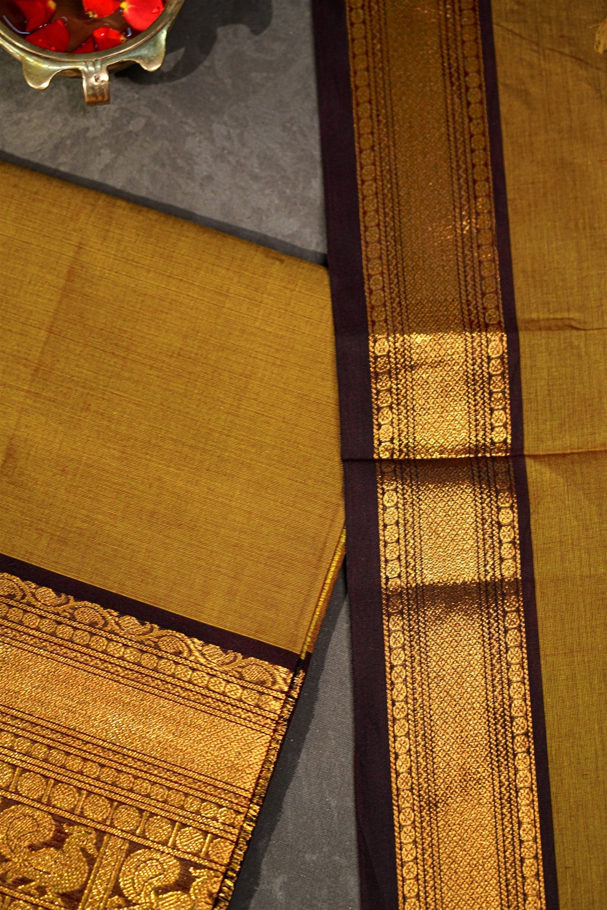 Cotton Mustard Yellow Zari Woven Border Dress Material