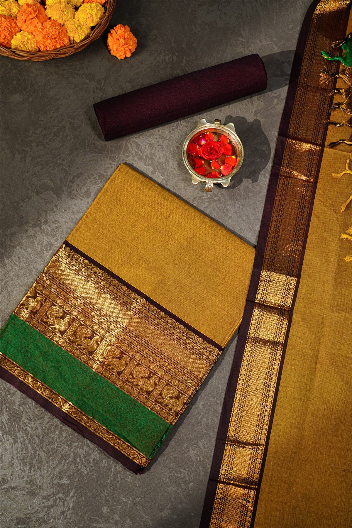 Cotton Mustard Yellow Zari Woven Border Dress Material