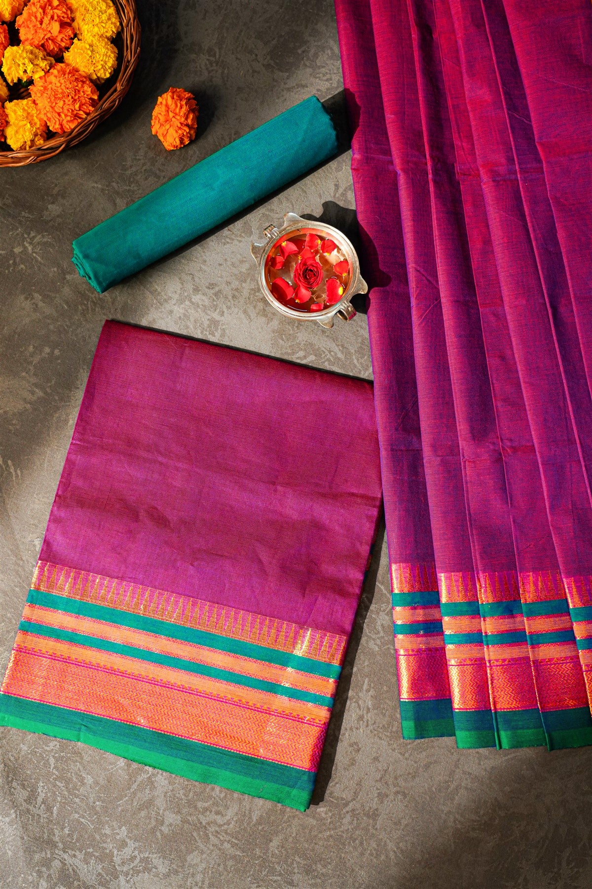Cotton Magenta Solid Zari Border Dress Material