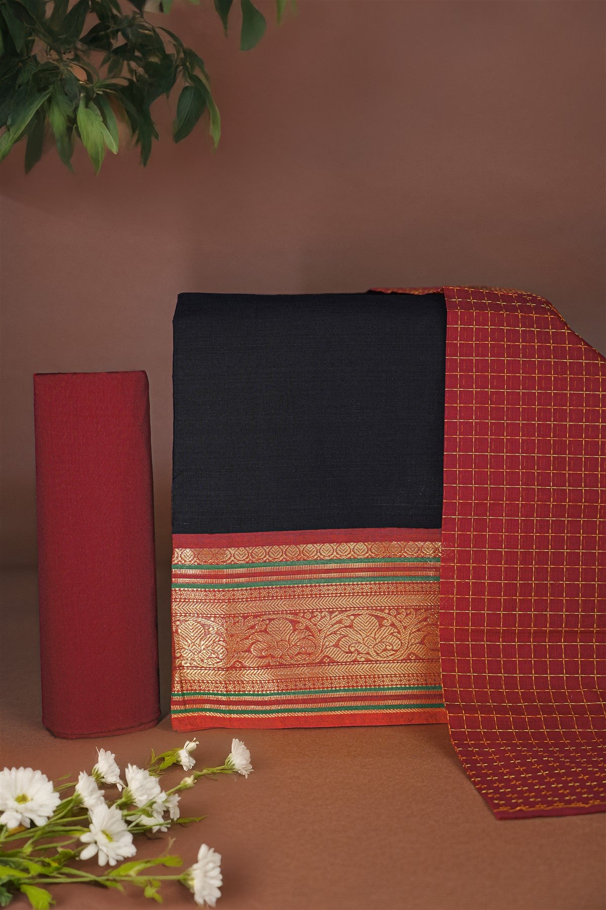 Cotton Black Zari Border Dress Material