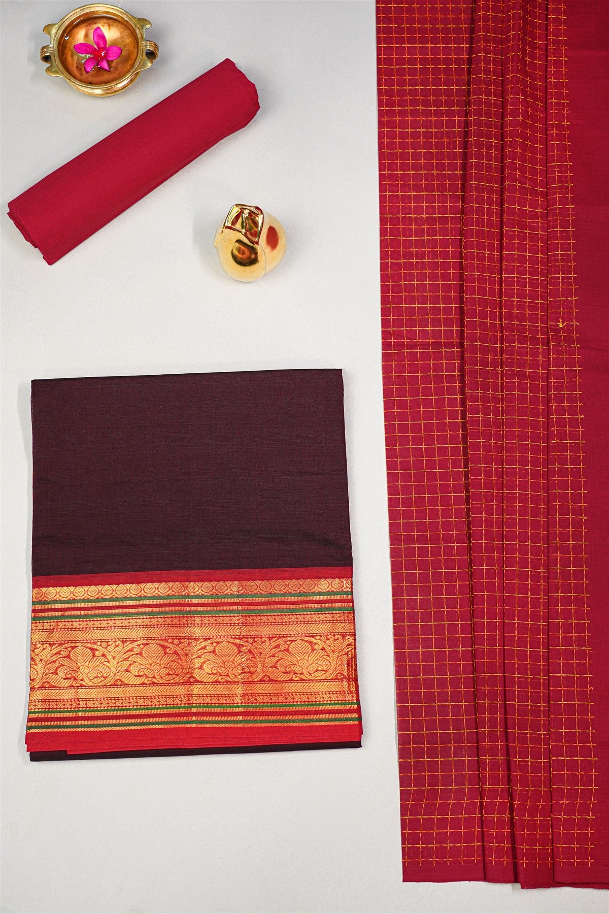 Cotton Brown Woven Zari Border Dress Material