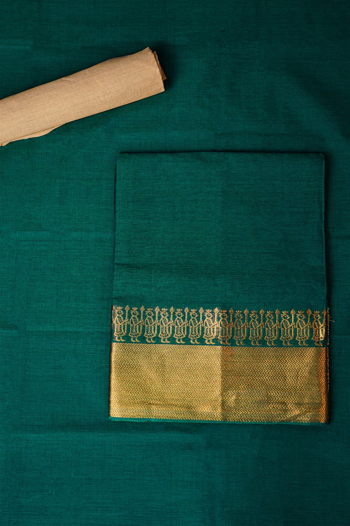 Cotton Teal Green Zari Border Dress Material