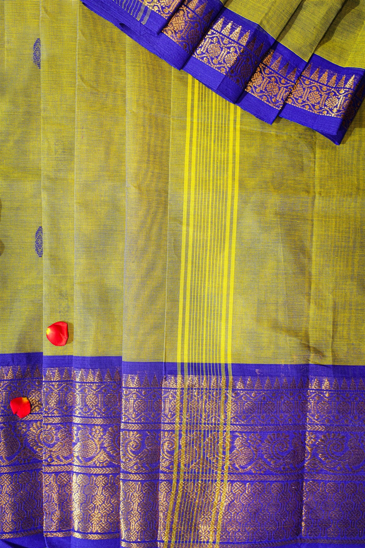 Cotton Green And Royal Blue Zari Border Dress Material