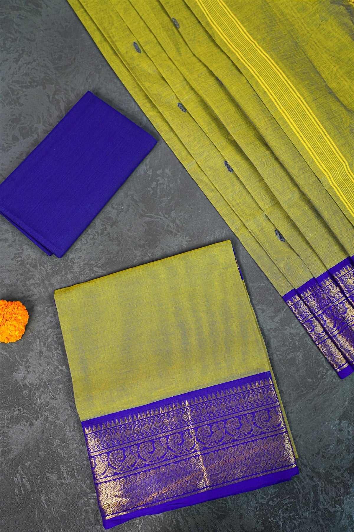 Cotton Green And Royal Blue Zari Border Dress Material