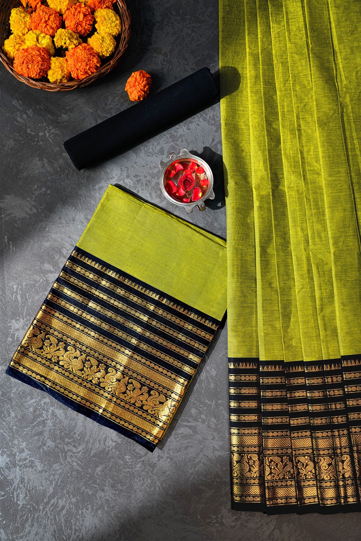 Cotton Lime Green Zari Woven Dress Material