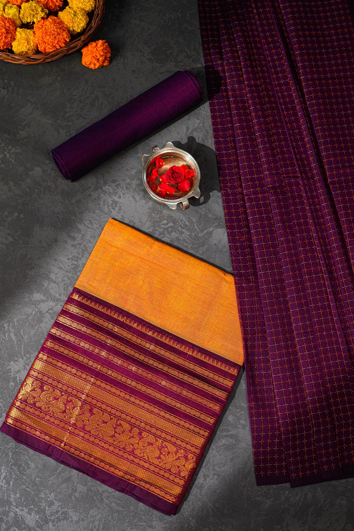 Cotton Orange  Zari Border Dress Material