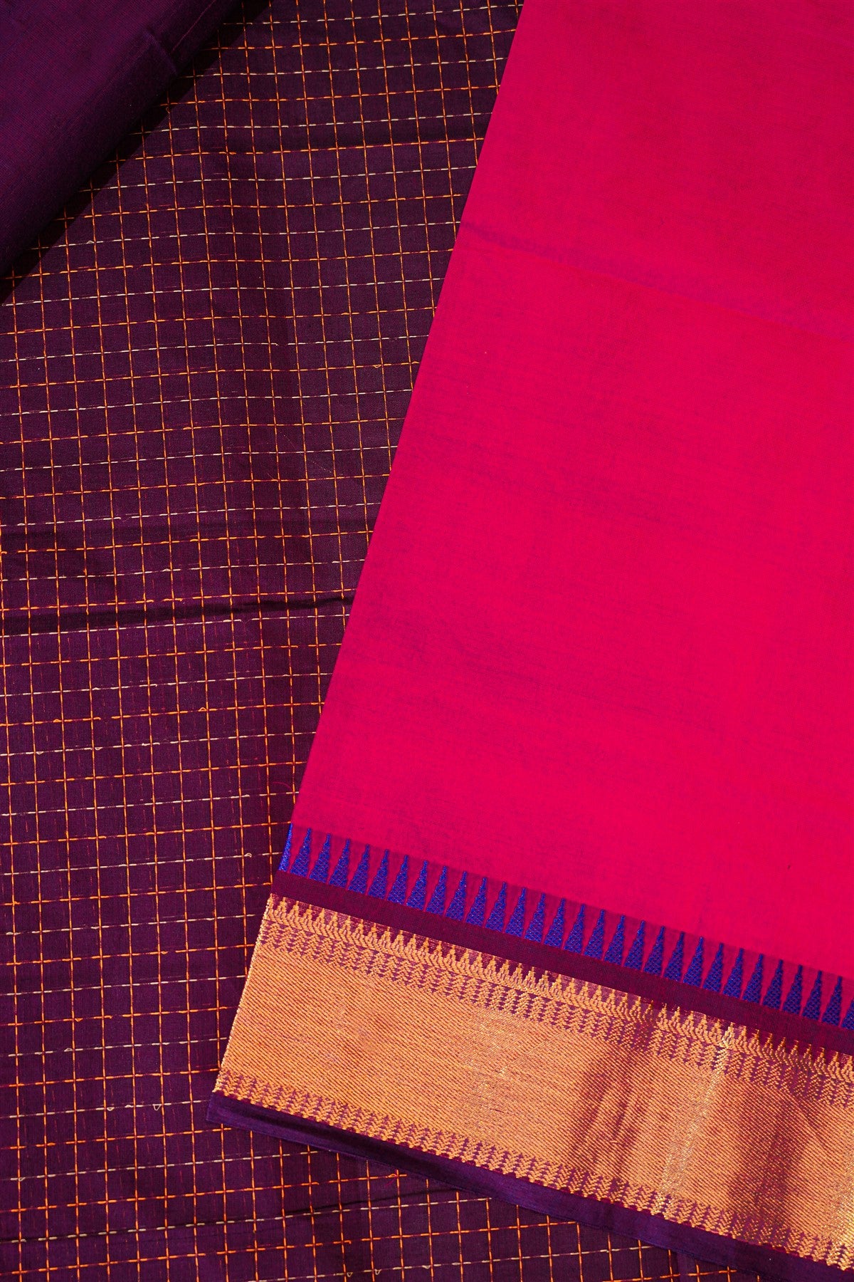 Cotton Drak Pink And Purple Zari Border Dress Material