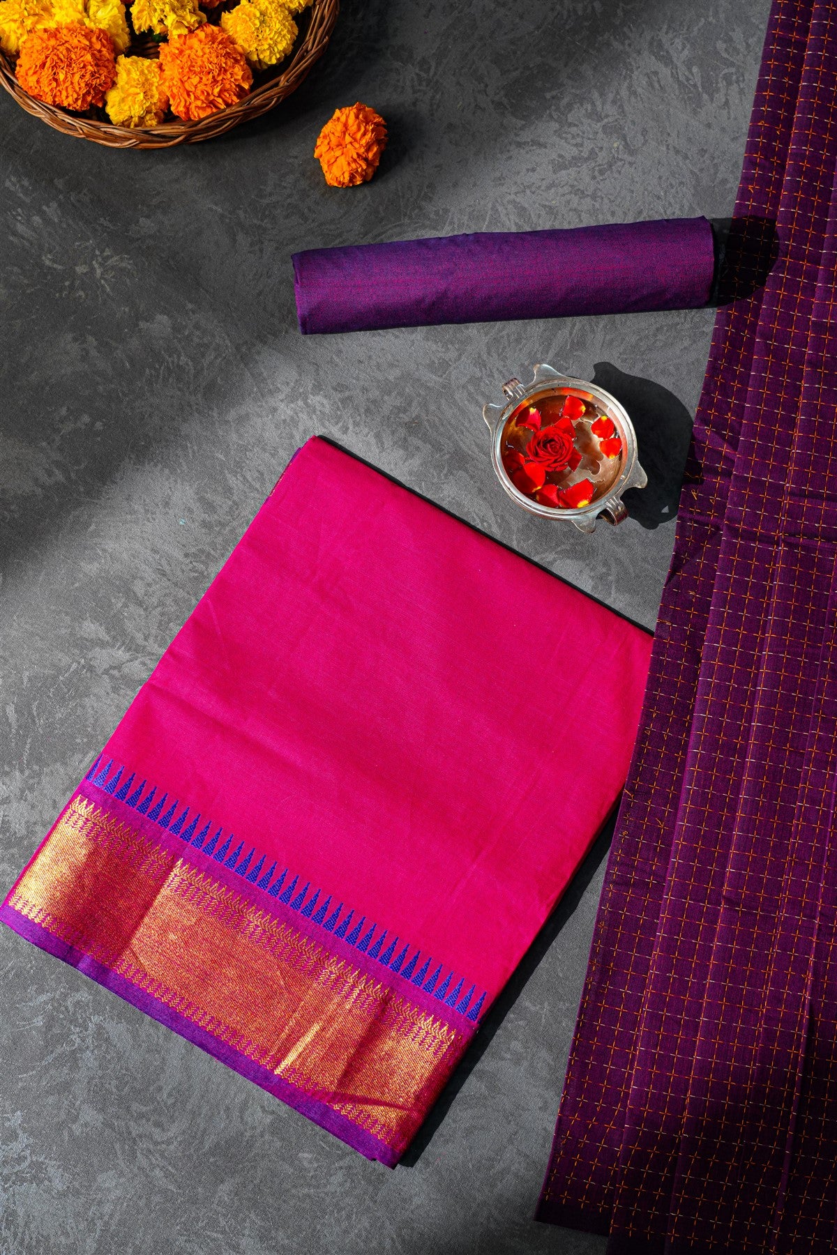 Cotton Drak Pink And Purple Zari Border Dress Material