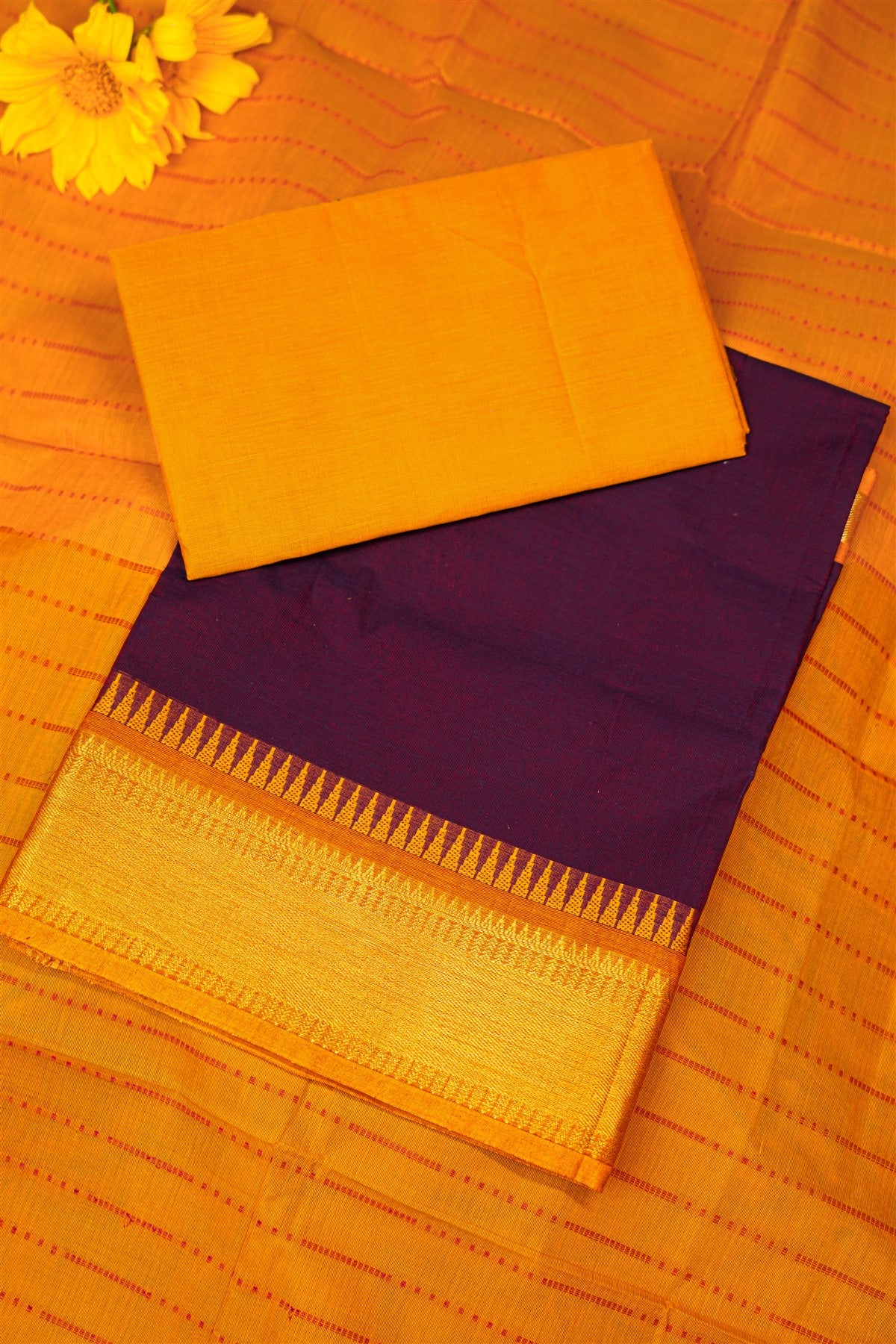 Cotton Wine  And Yellow Solid Zari Border Dress Material